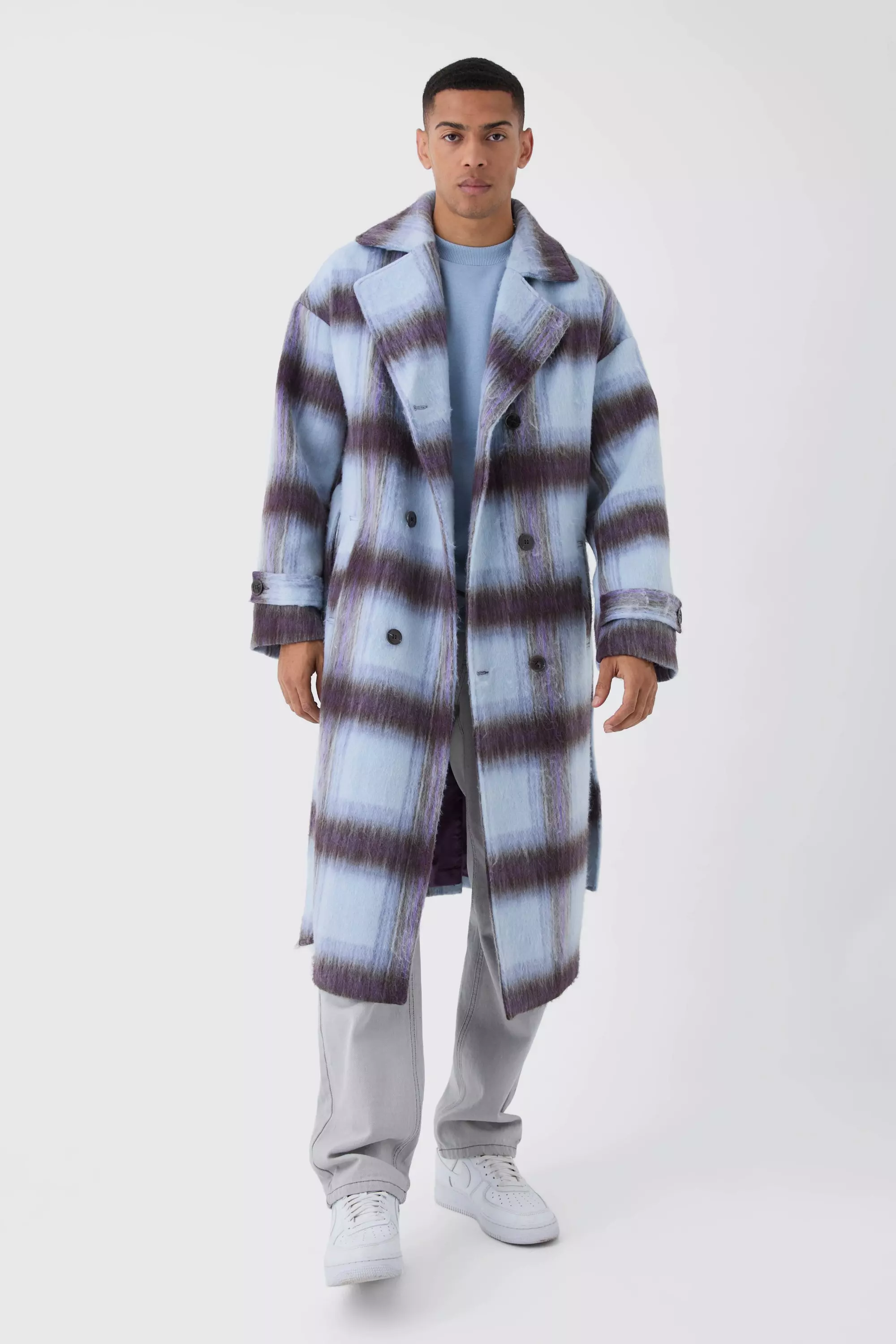 Oversized Double Breasted Brushed Plaid Overcoat In Lilac Lilac