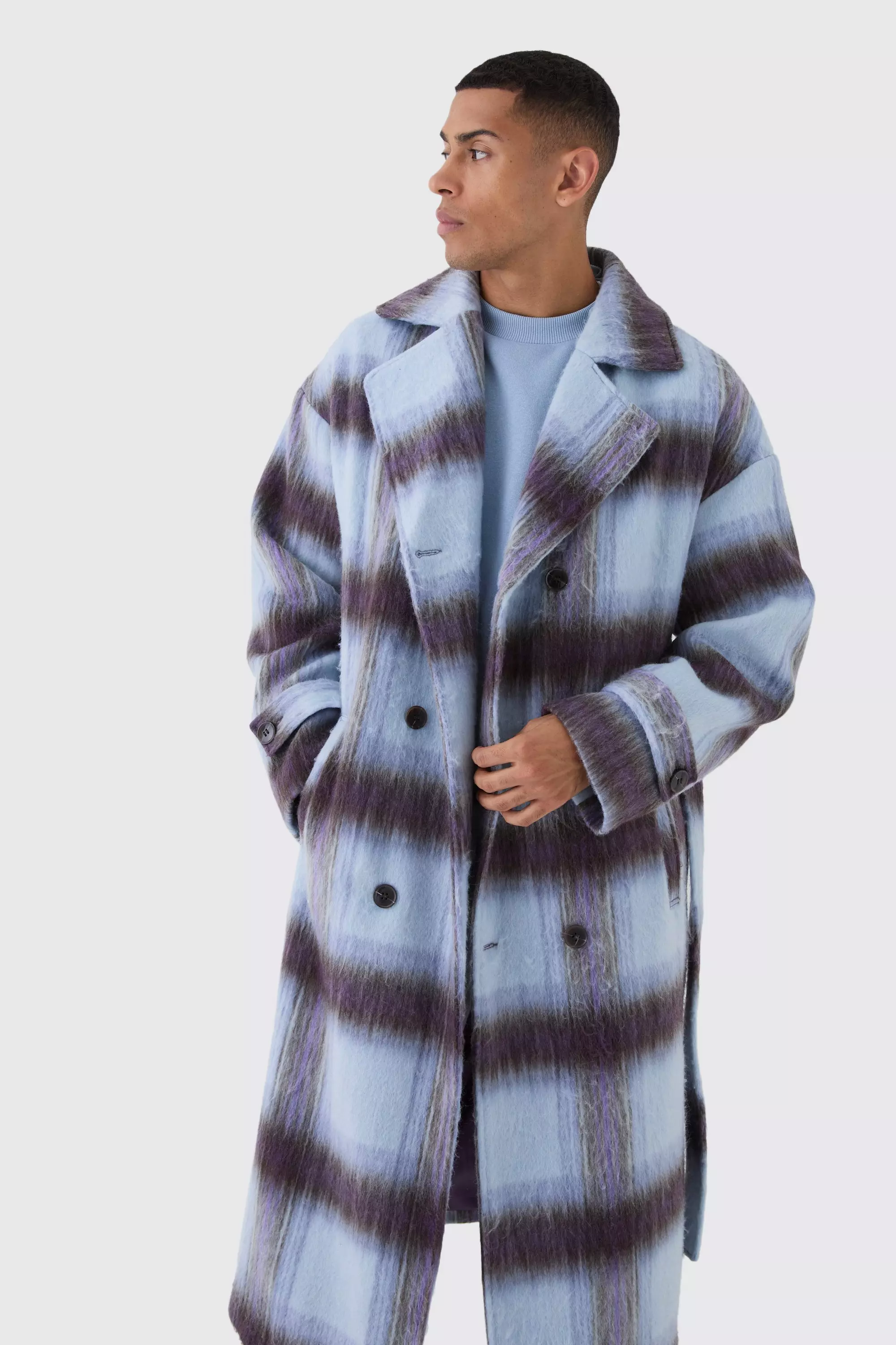 Oversized Double Breasted Brushed Check Overcoat In Lilac boohooMAN UK