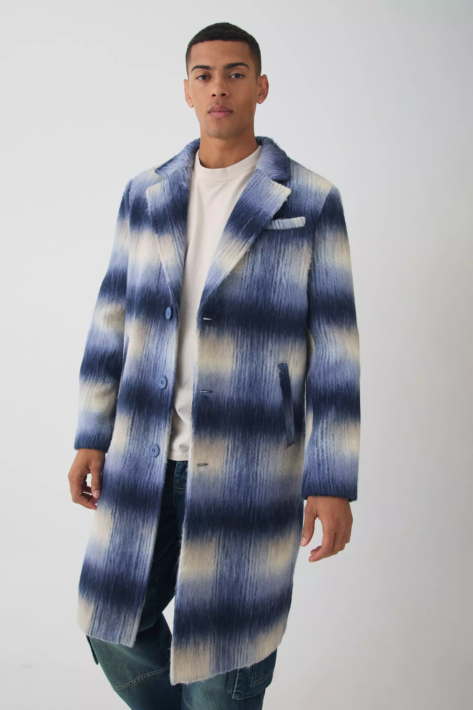 Oversized Brushed Plaid Overcoat In Blue Blue