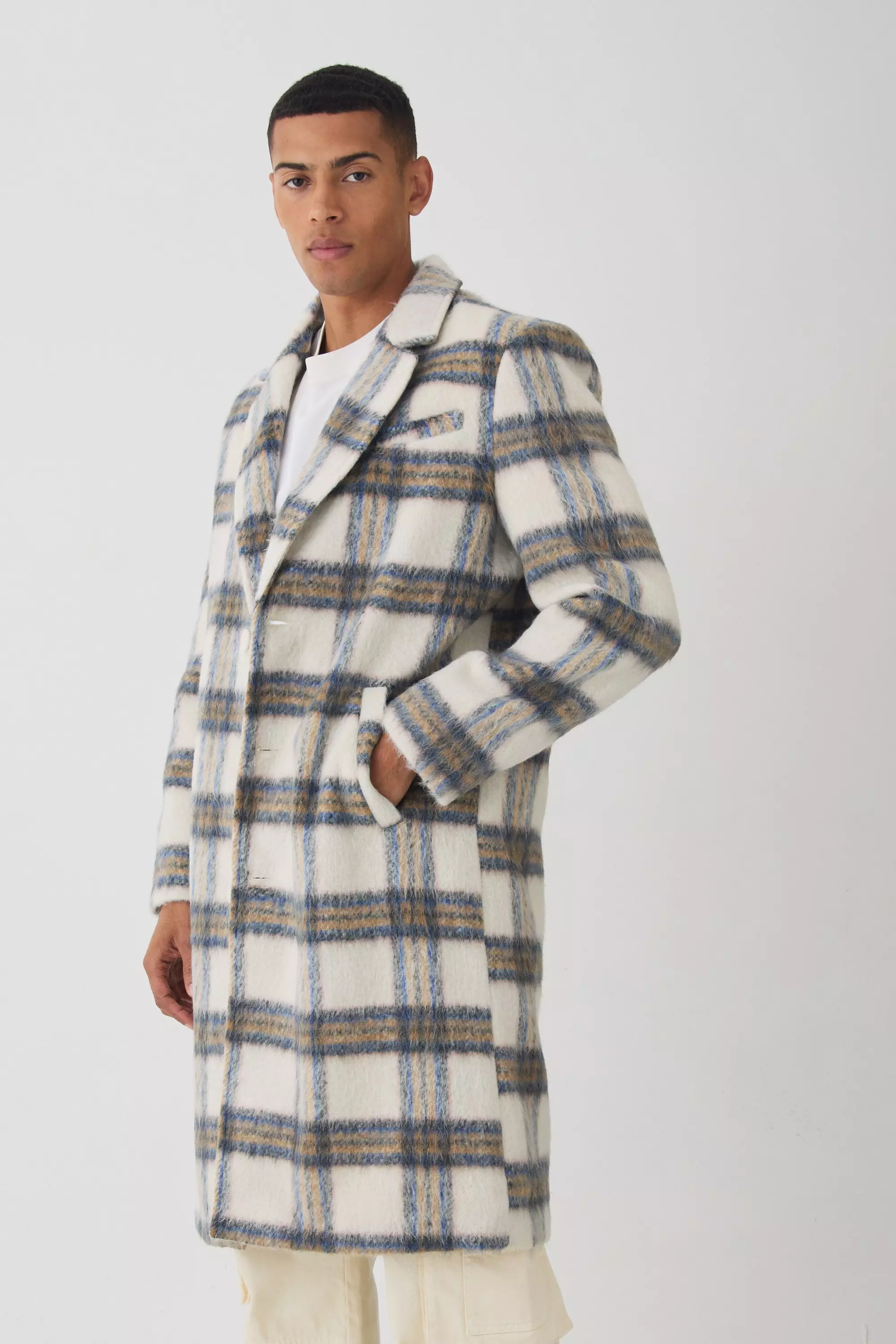 Oversized Brushed Check Overcoat In Ecru Ecru