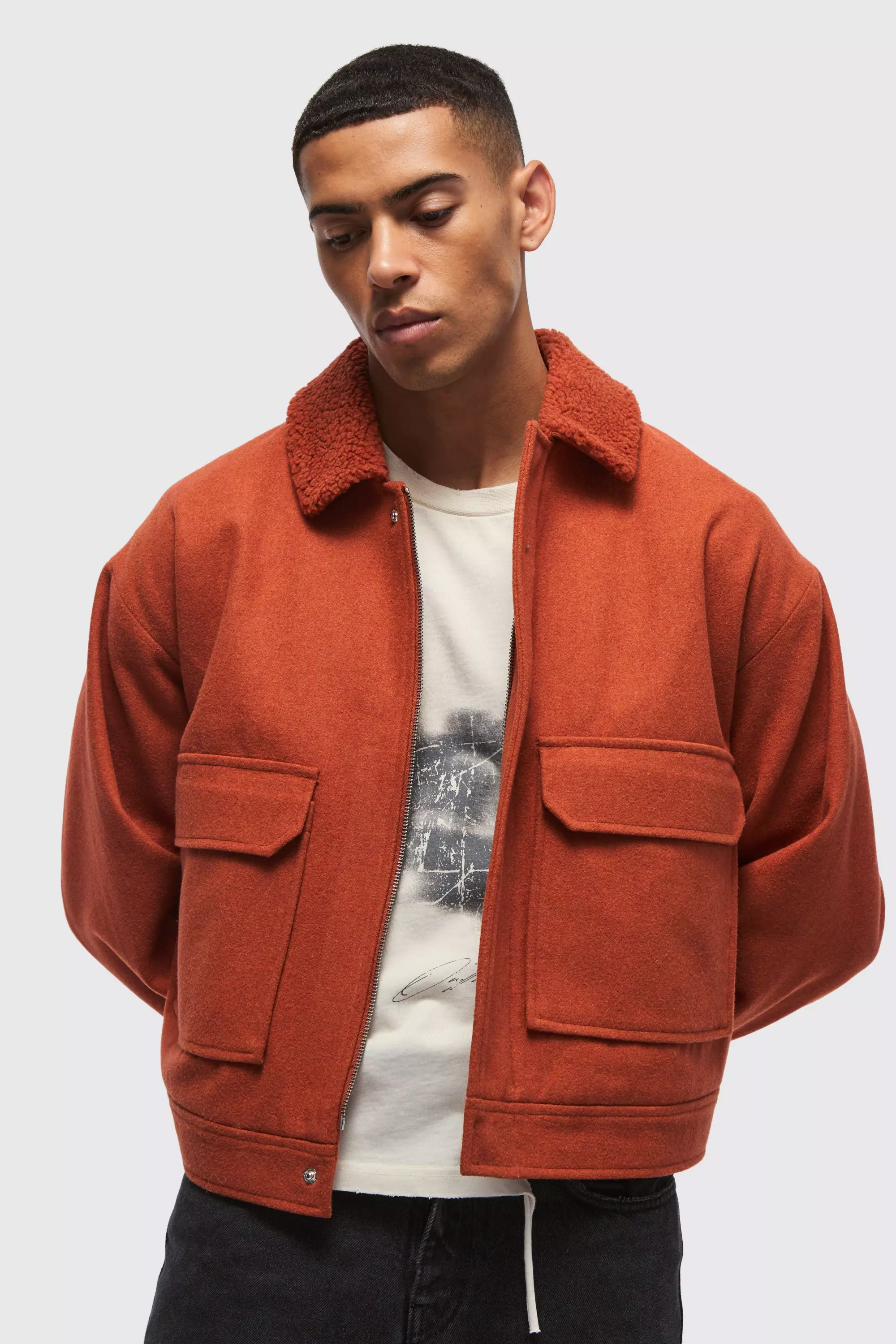 Boxy Borg Collar Harrington Jacket In Rust boohooMAN