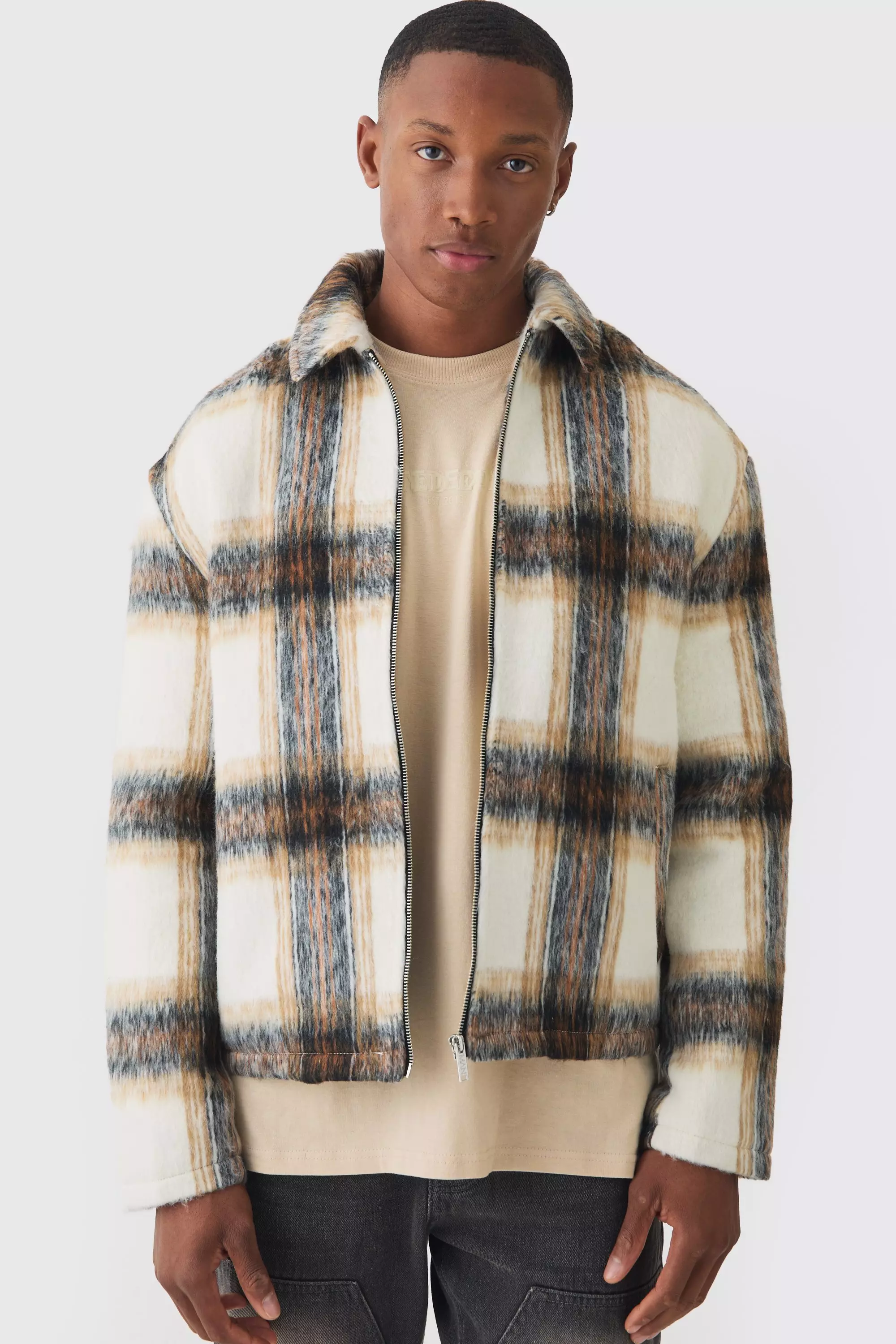 Boxy Brushed Plaid Harrington In Ecru Ecru