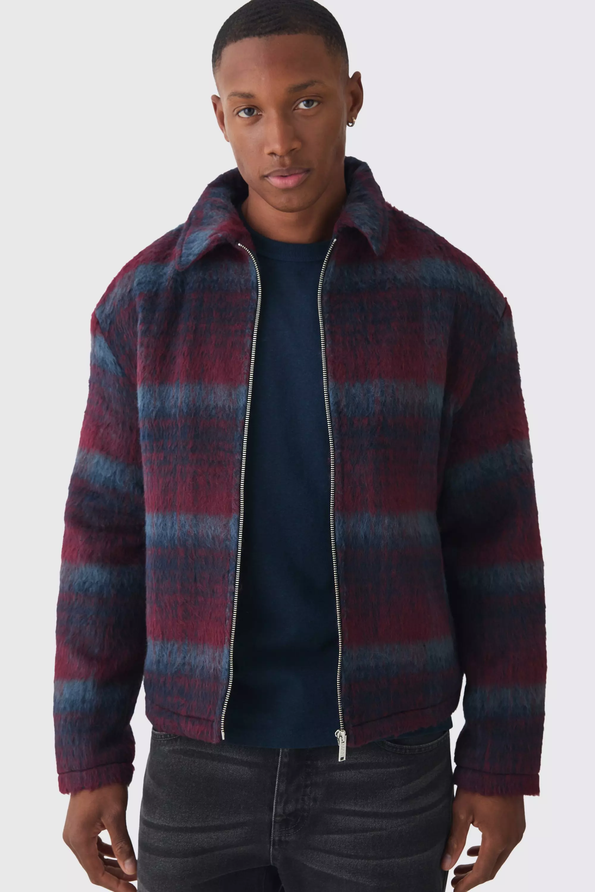 Boxy Brushed Check Harrington Jacket In Red alternative image