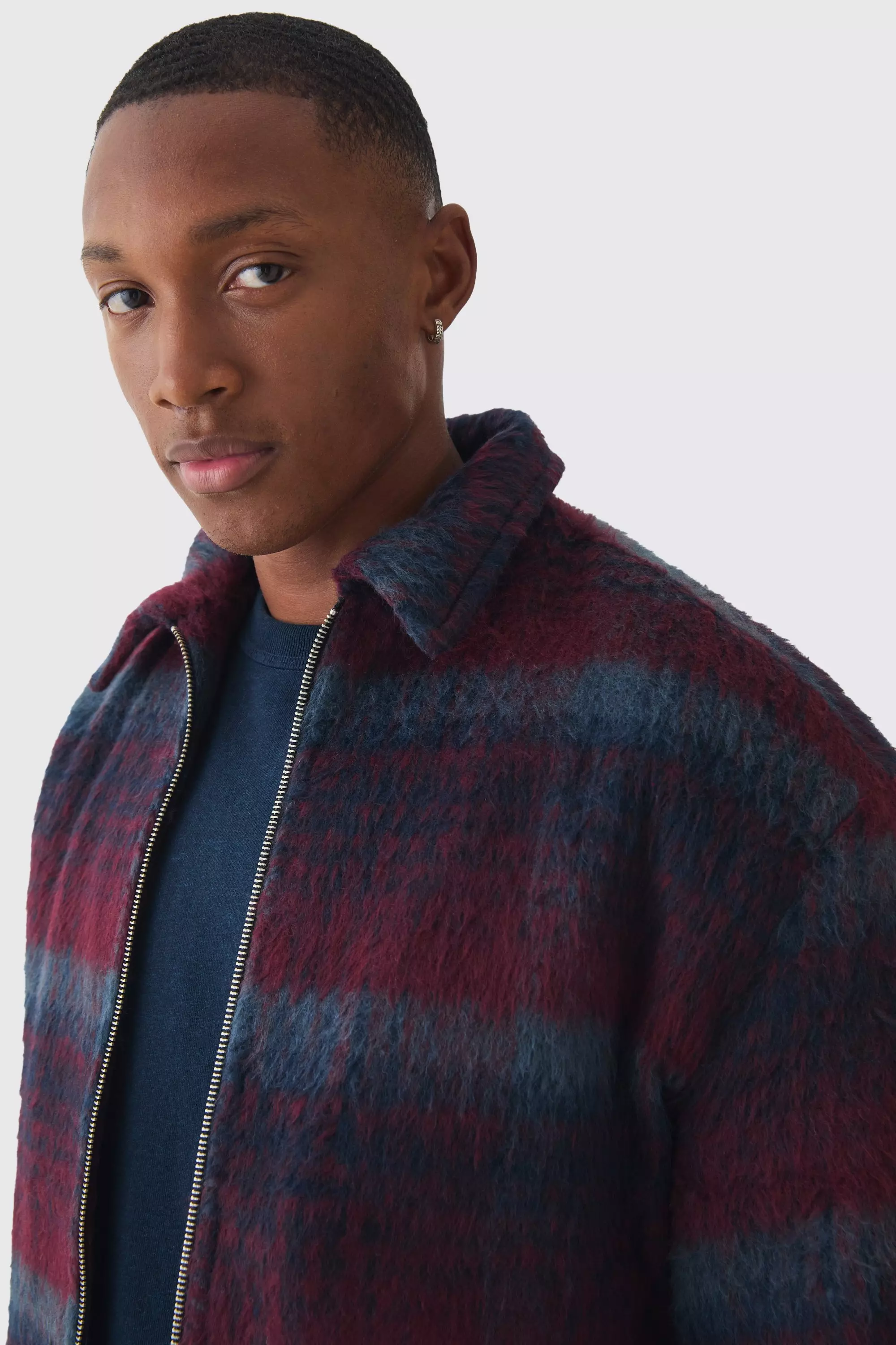 Boxy Brushed Check Harrington Jacket In Red alternative image