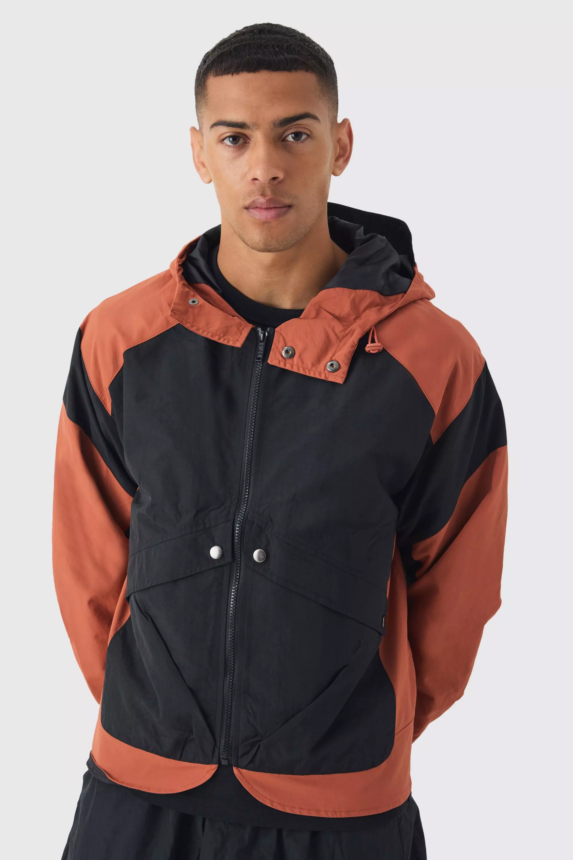 Colour Block Hooded Tech Windbreaker In Rust alternative image