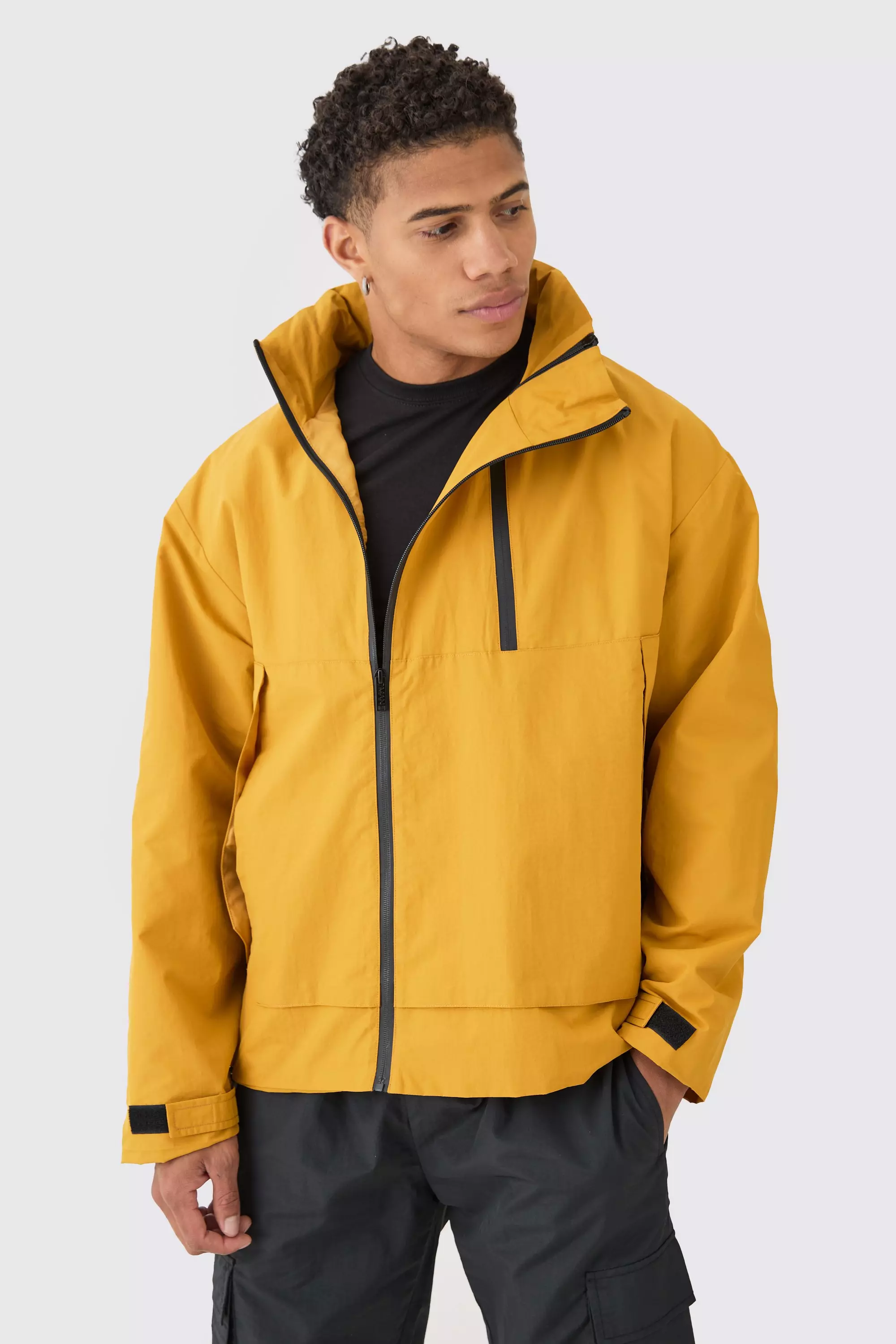 Man Tab Oversized Zip Detail Nylon Windbreaker In Mustard Mustard