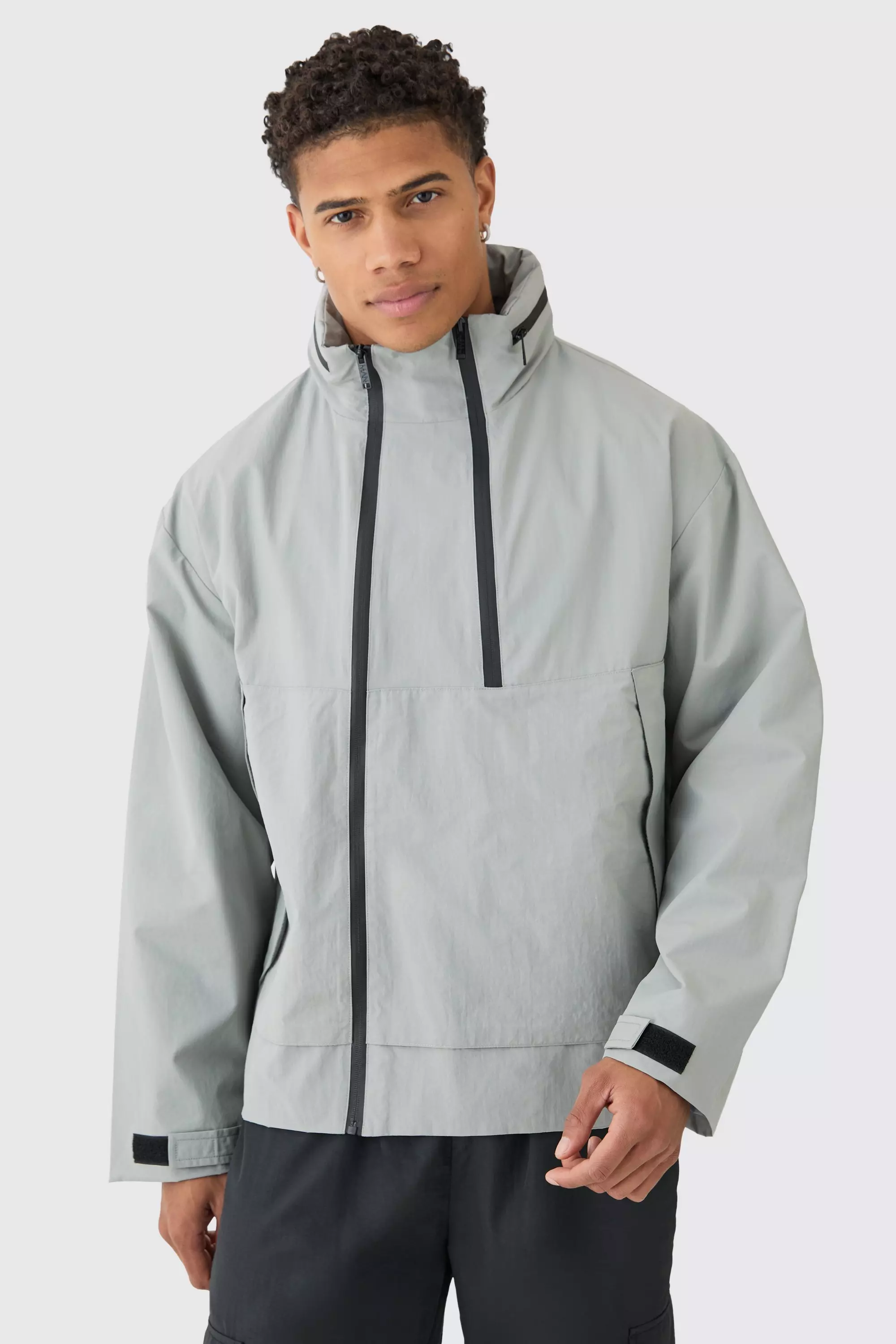 Man Tab Oversized Zip Detail Nylon Windbreaker In Grey Grey