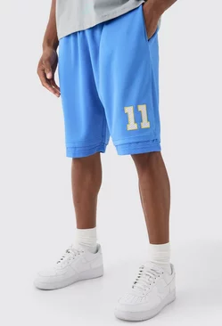 Loose Fit Bhm Satin Mesh Long Length Basketball Shorts Blue