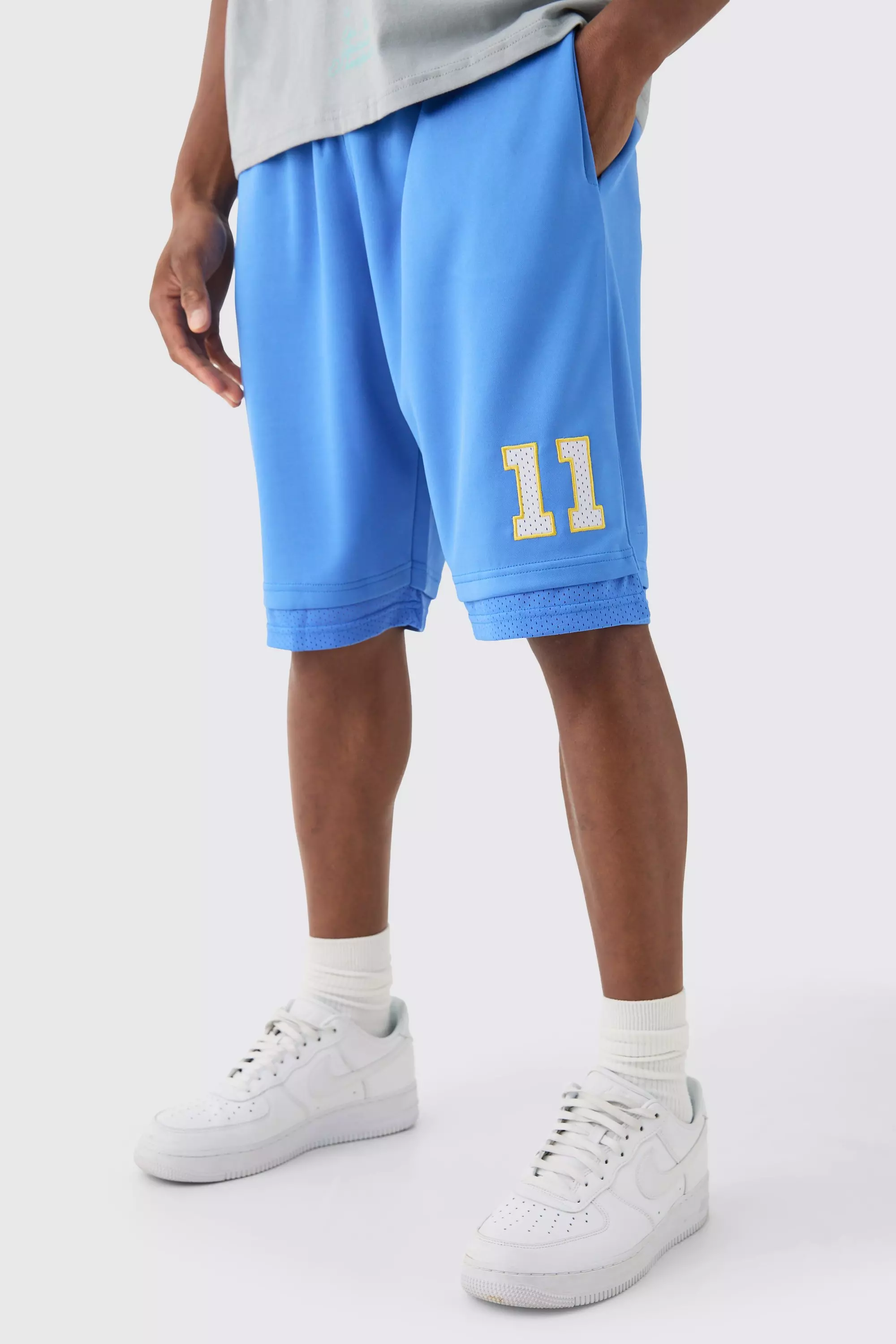 Loose Fit Bhm Satin Mesh Long Length Basketball Shorts Blue