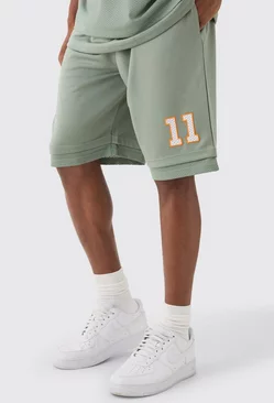 Olive Green Loose Fit Bhm Satin Mesh Long Length Basketball Shorts