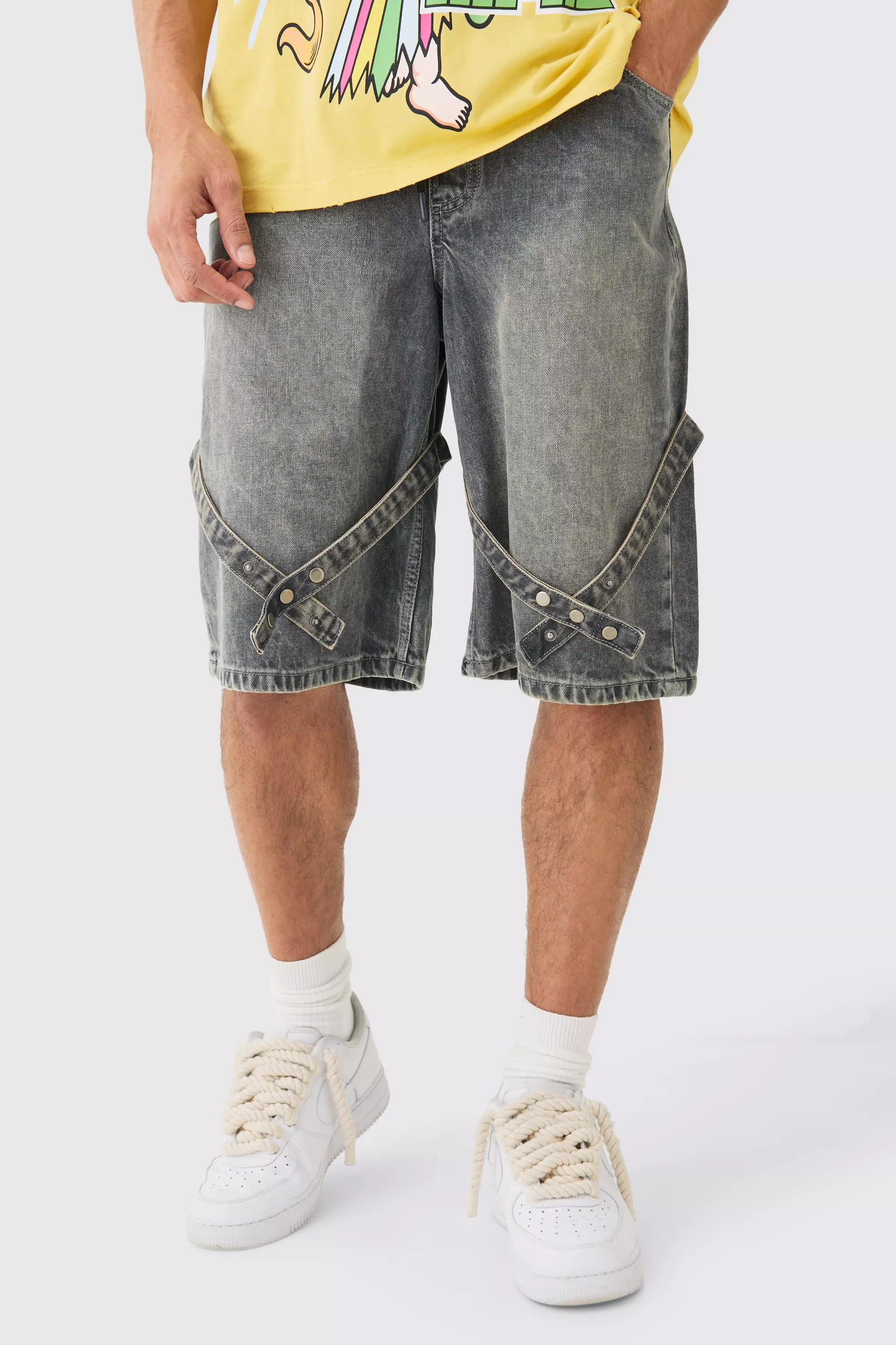 Elasticated Waist Strap Detail Denim Shorts In Antique Grey Grey