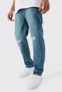 Blue Relaxed Rigid Ripped Knee Carpenter Jeans In Light Blue