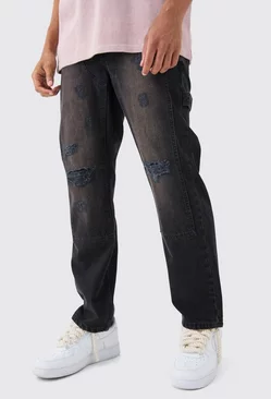 Relaxed Rigid Ripped Knee Carpenter Jeans In Washed Black Black