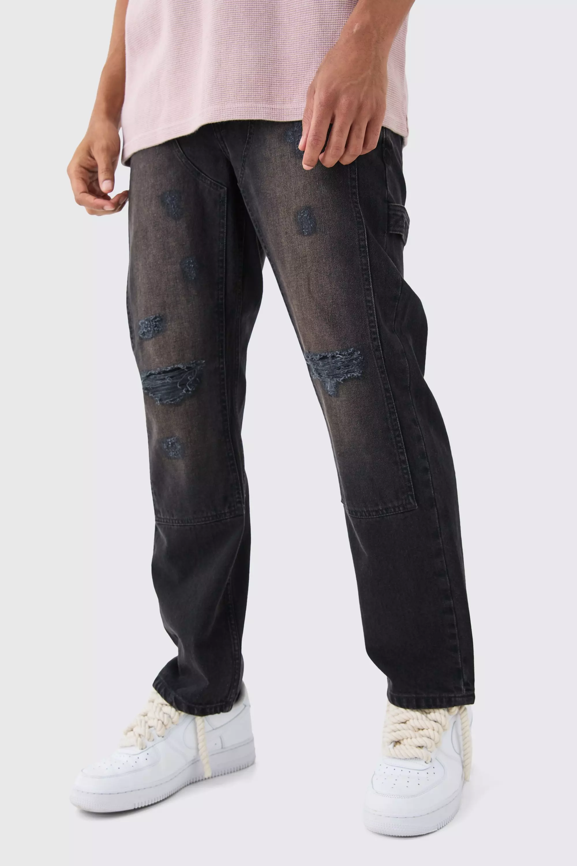 Relaxed Rigid Ripped Knee Carpenter Jeans In Washed Black Black