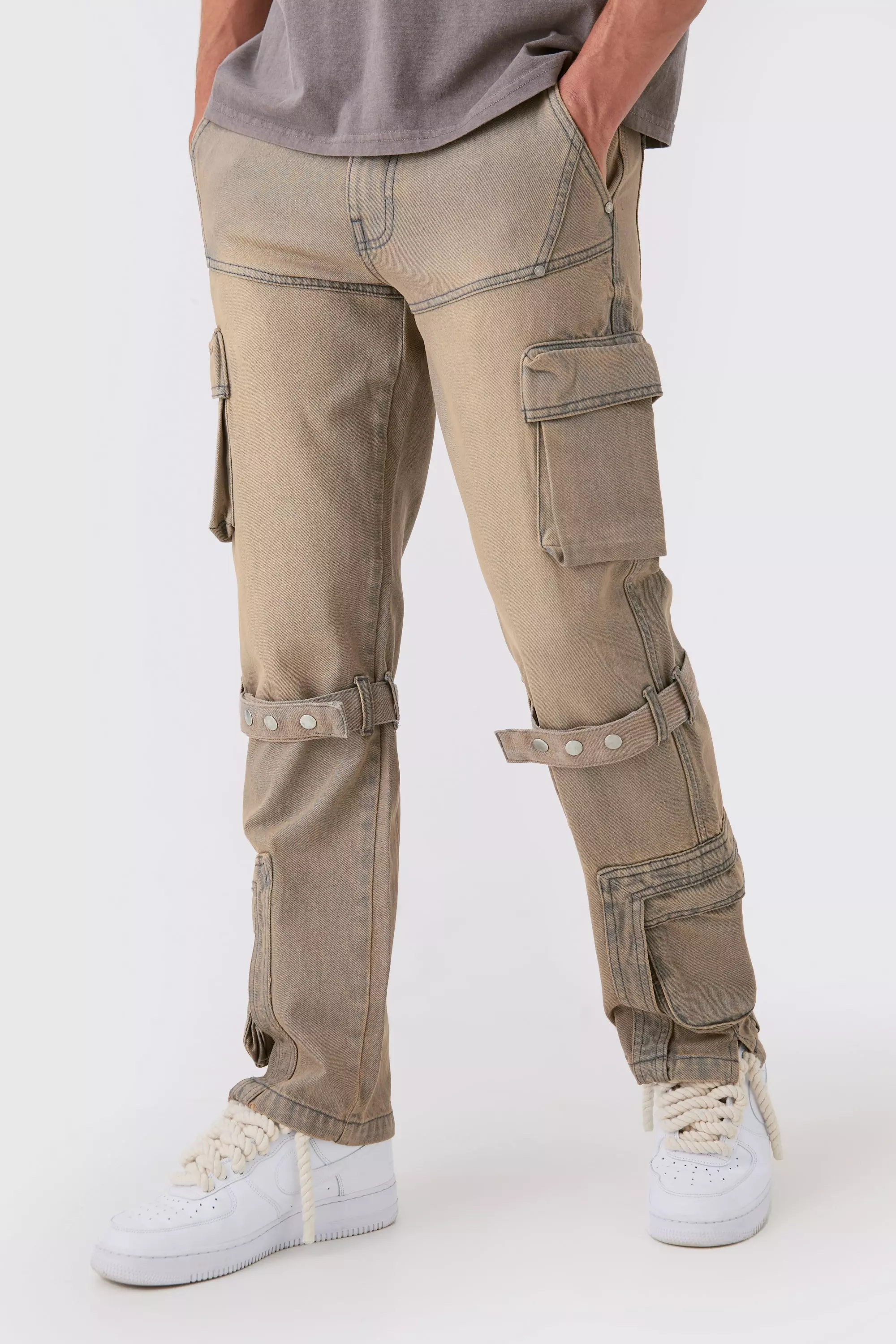 Relaxed Rigid Strap Detail Cargo Jeans In Antique Grey Grey