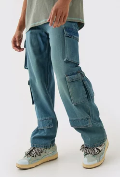 Baggy Rigid Multi Cargo Pocket Jeans In Blue Blue