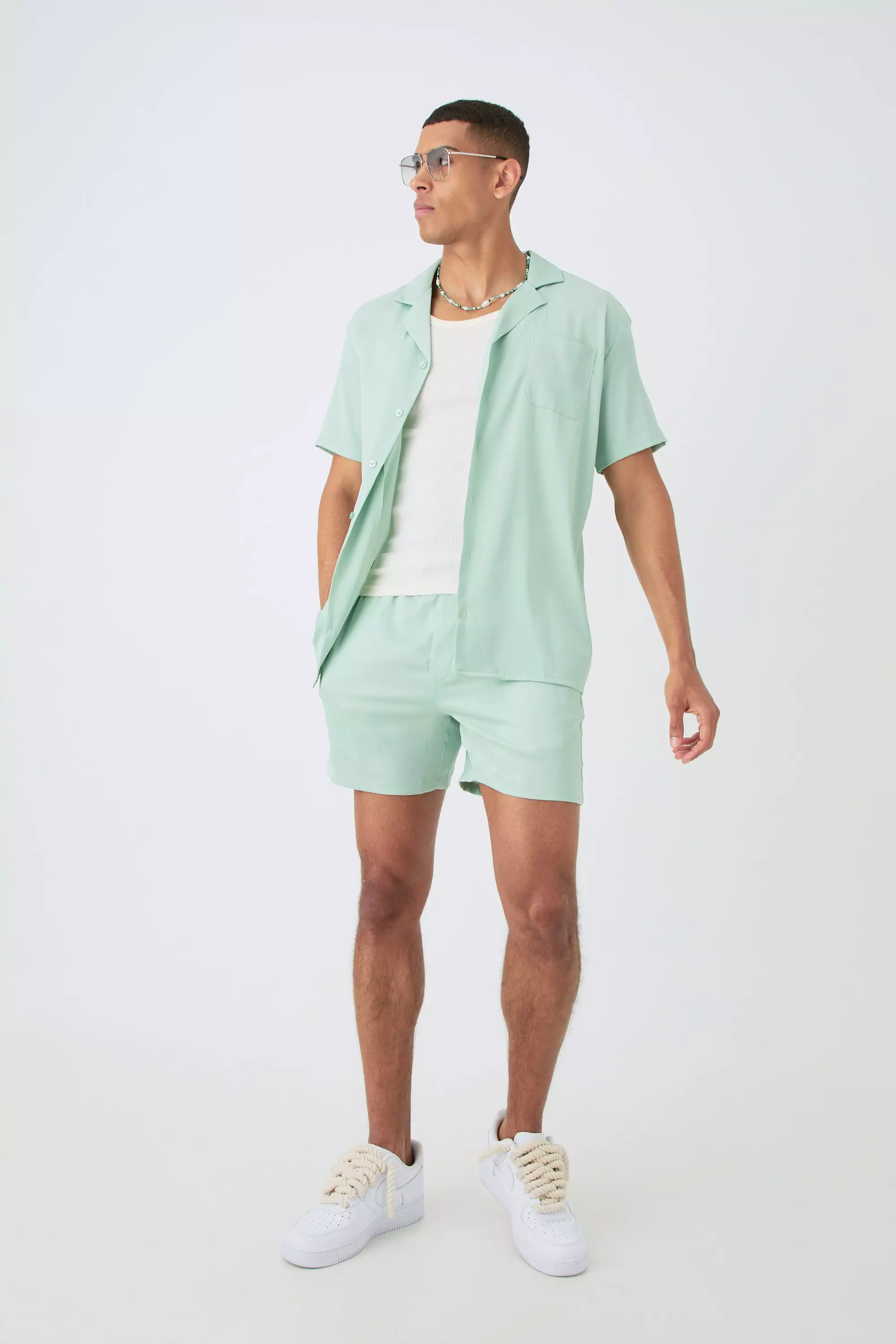 Oversized Short Sleeve Satin Shirt & Short Set Green