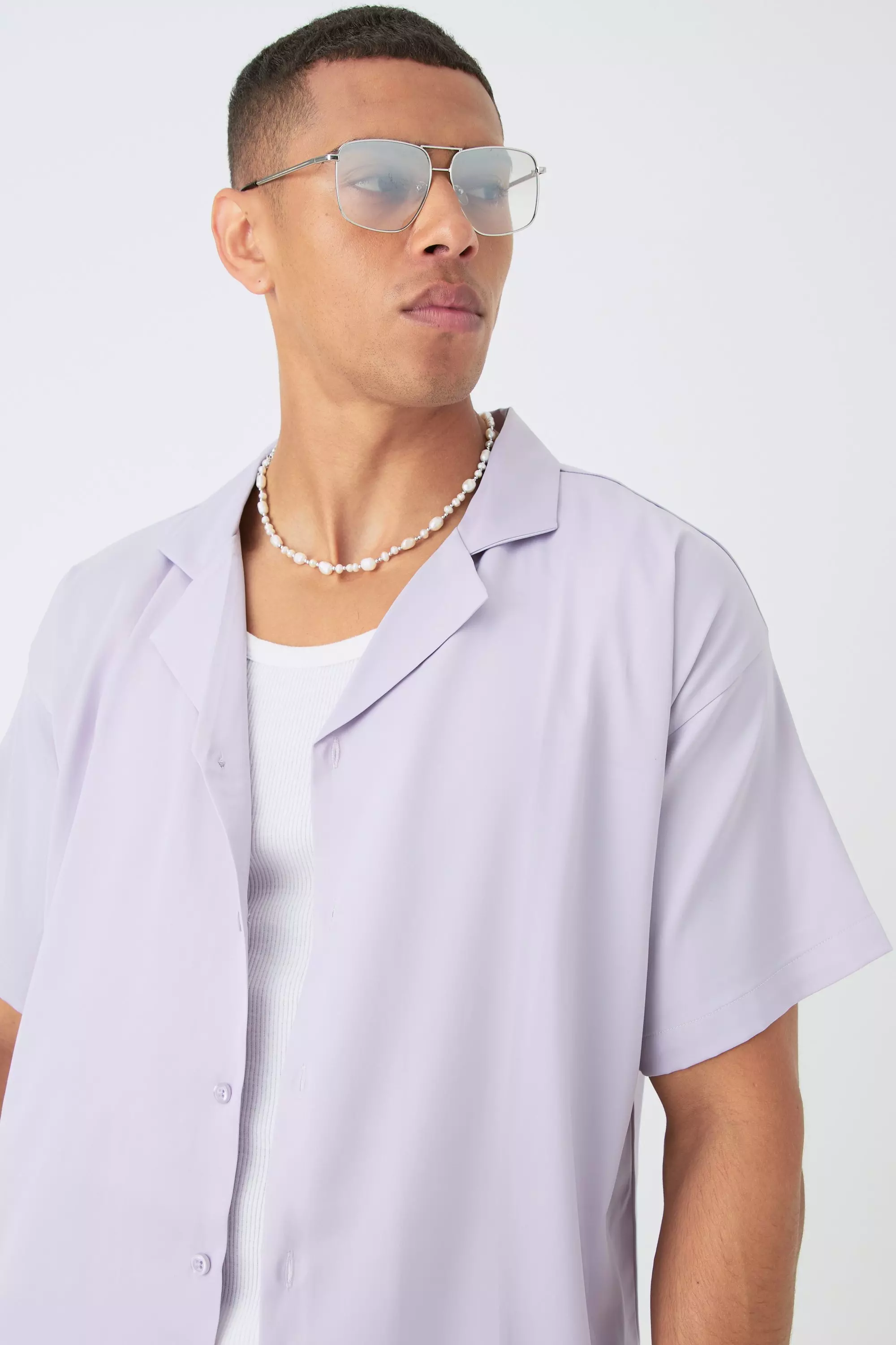 Lilac Short Sleeve Boxy Satin Look Shirt alternative image