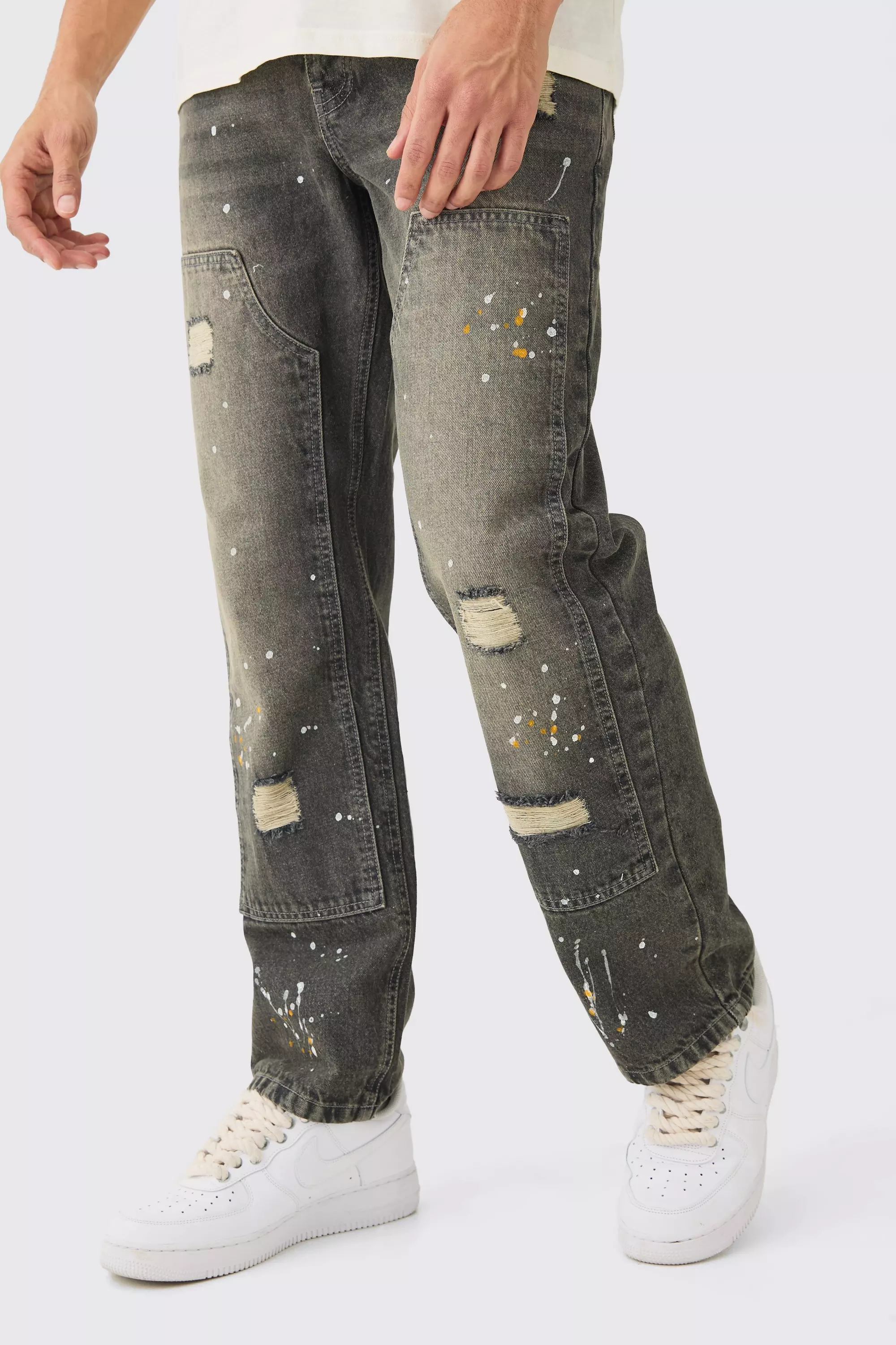 Grey Relaxed Rigid Ripped Carpenter Paint Splatter Jeans In Antique Grey