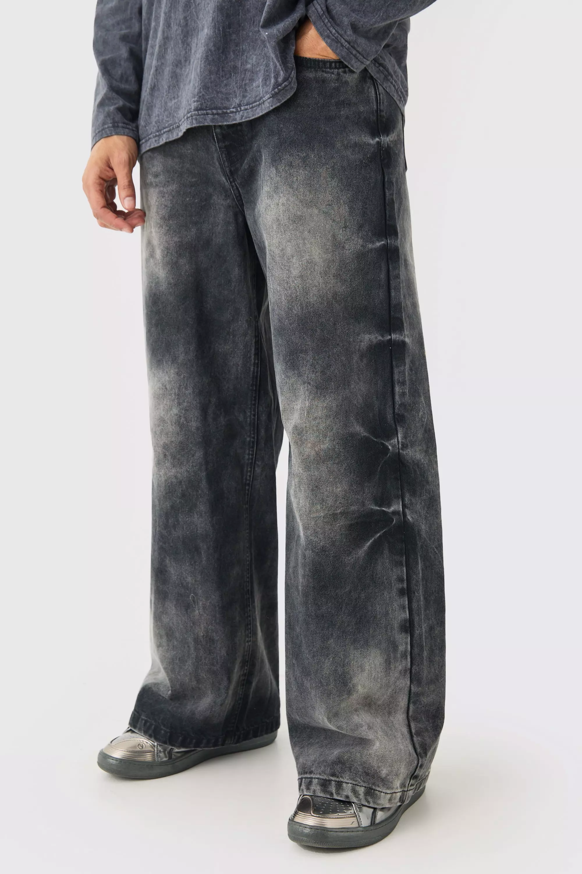 Extreme Baggy Acid Wash Jeans In Washed Black | boohooMAN USA
