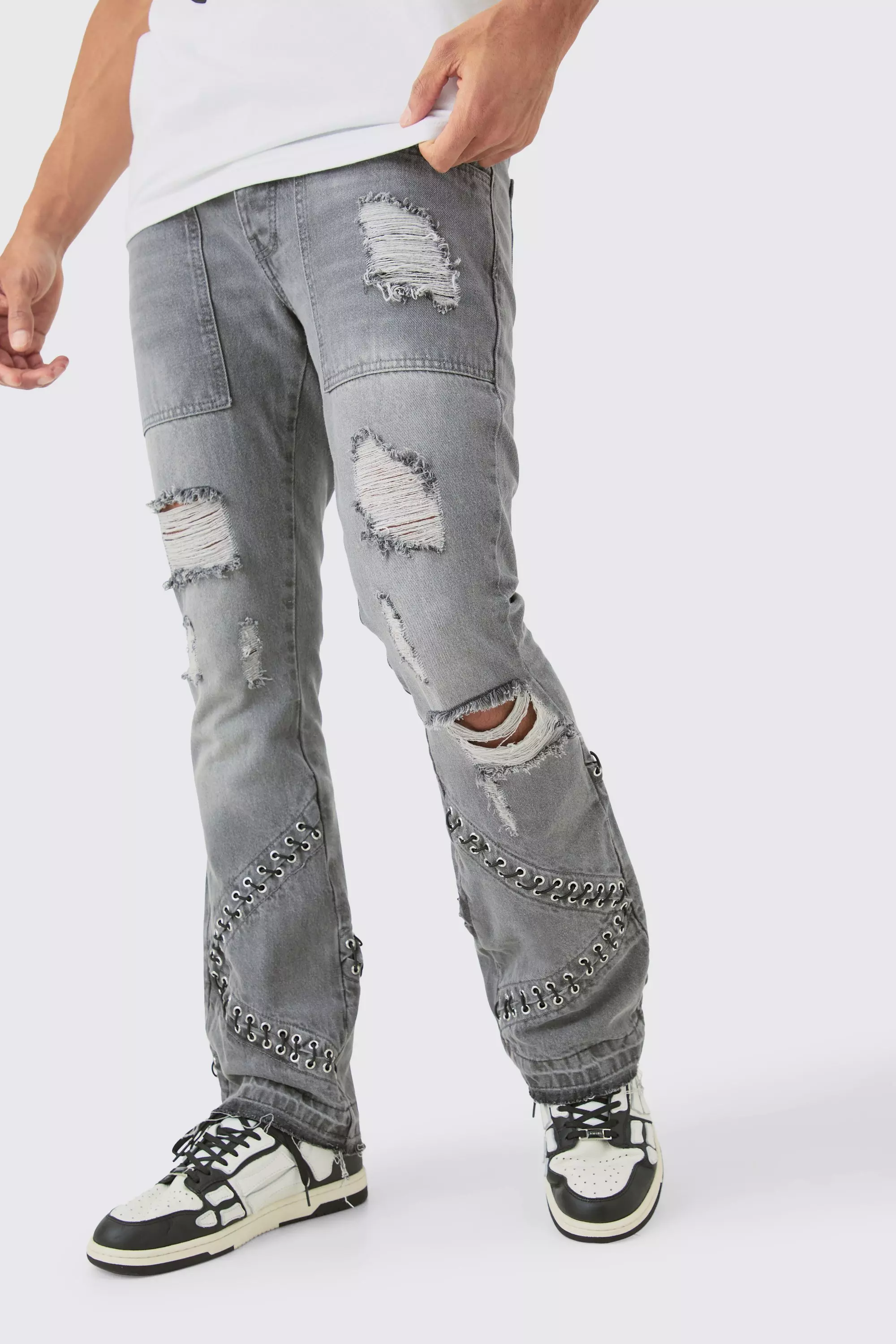 Slim Rigid Flare Hardware Jeans In Light Grey Grey