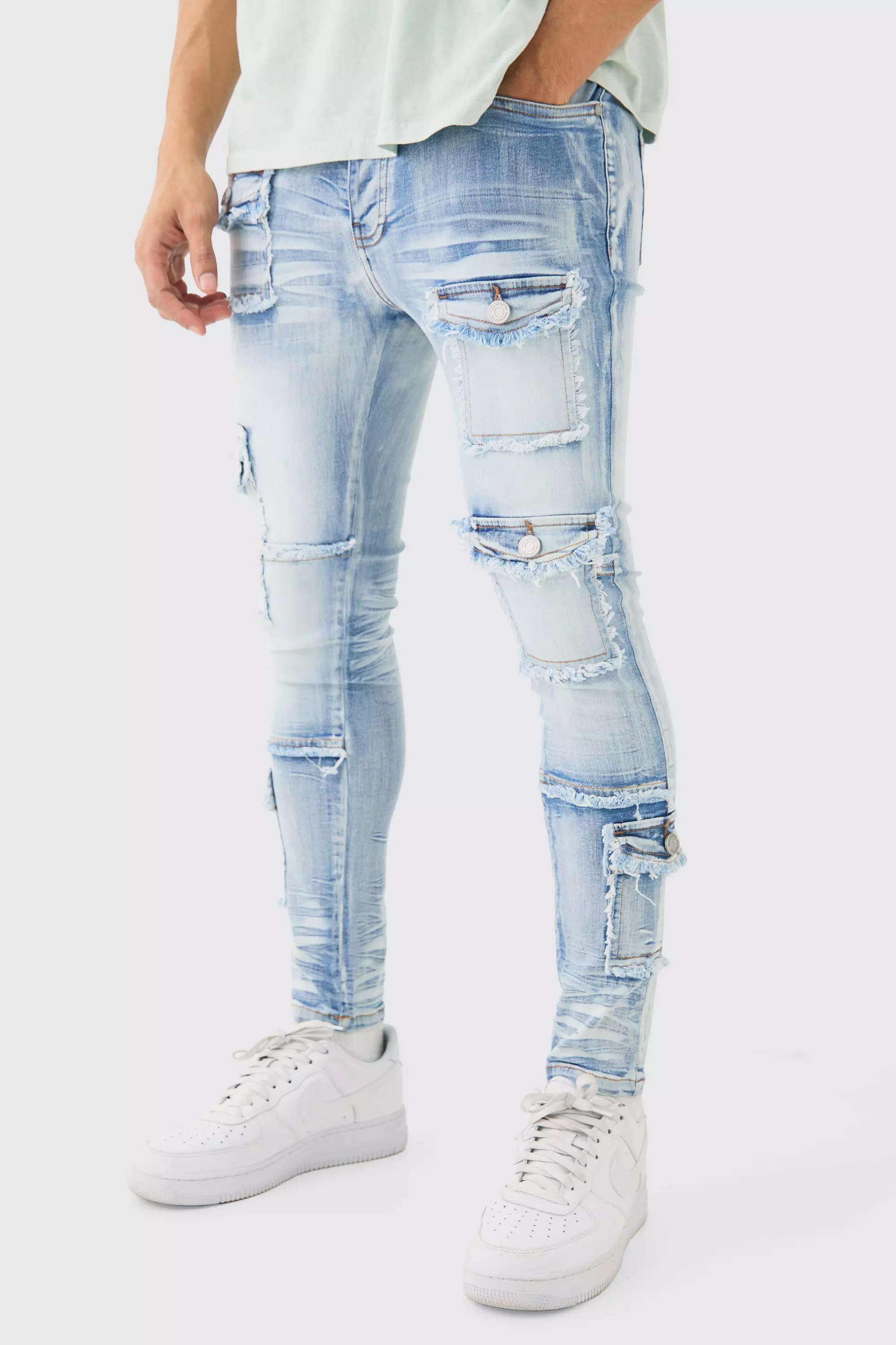 Super Skinny Stretch Distressed Multi Pocket Jeans In Light Blue Light blue