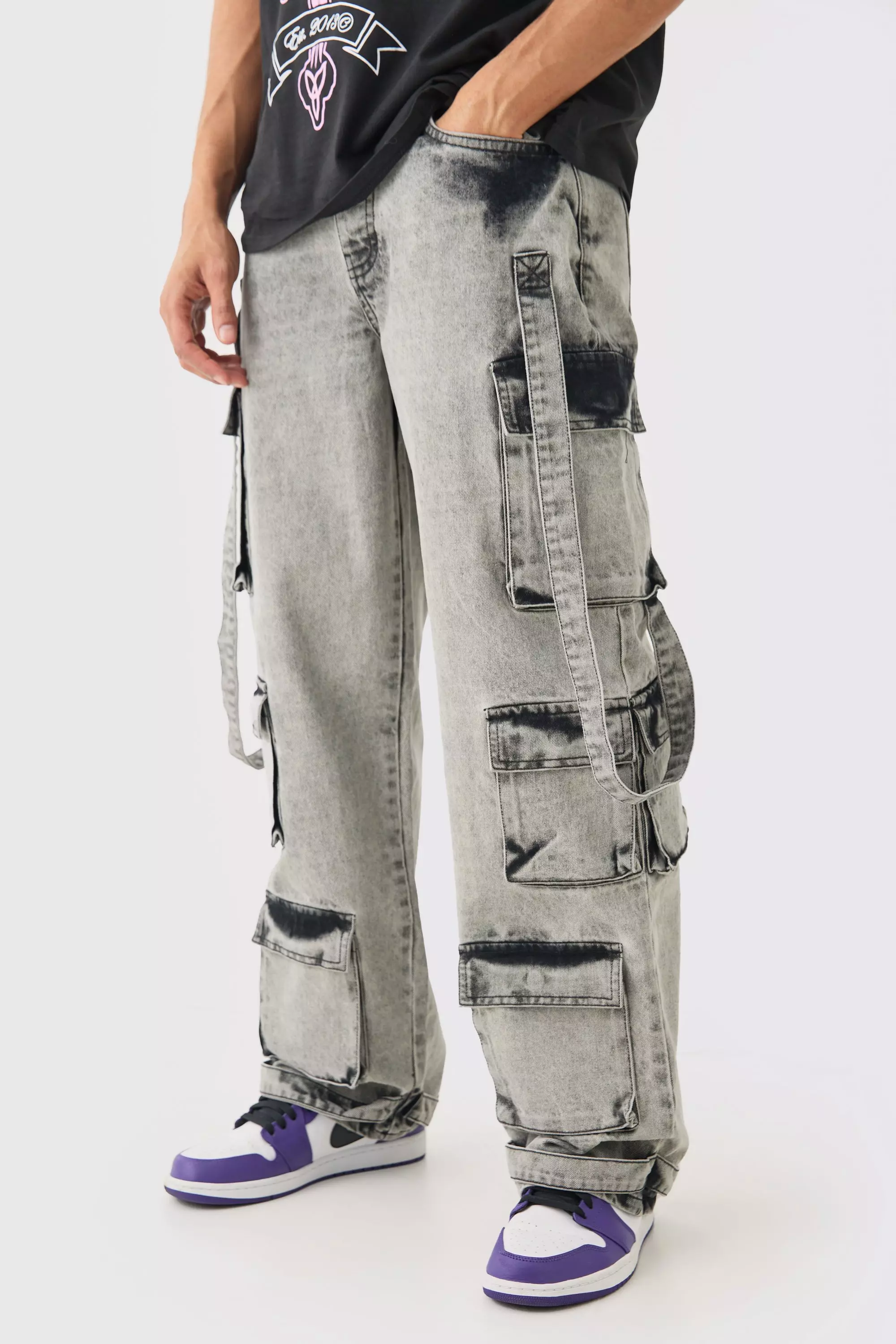 Grey Baggy Rigid Multi Pocket Flare Acid Washed Jeans In Charcoal