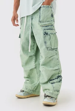 Green Denim Parachute Elastic Waist Overdyed Acid Washed Cargo Jeans In Sage