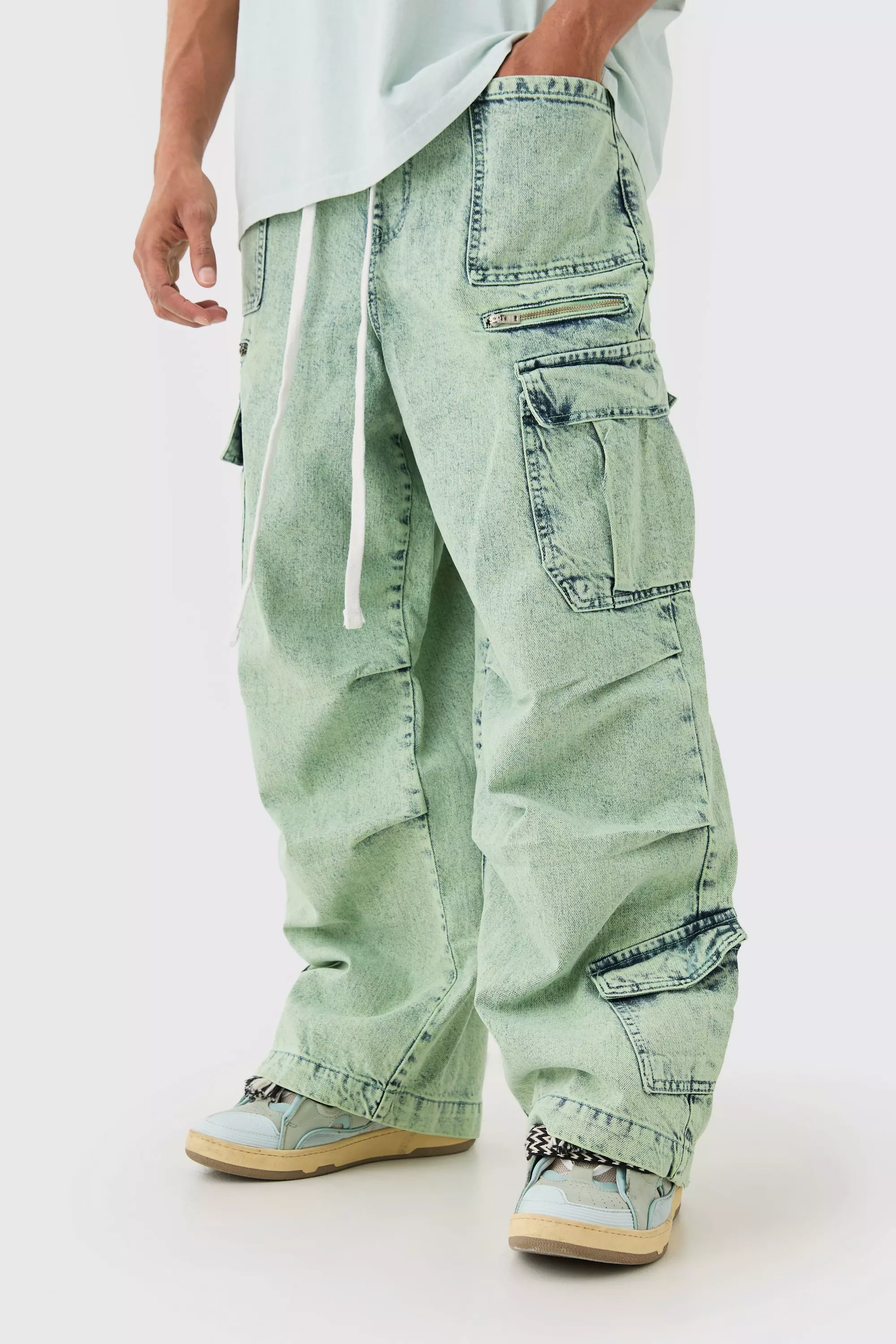 Green Denim Parachute Elastic Waist Overdyed Acid Washed Cargo Jeans In Sage
