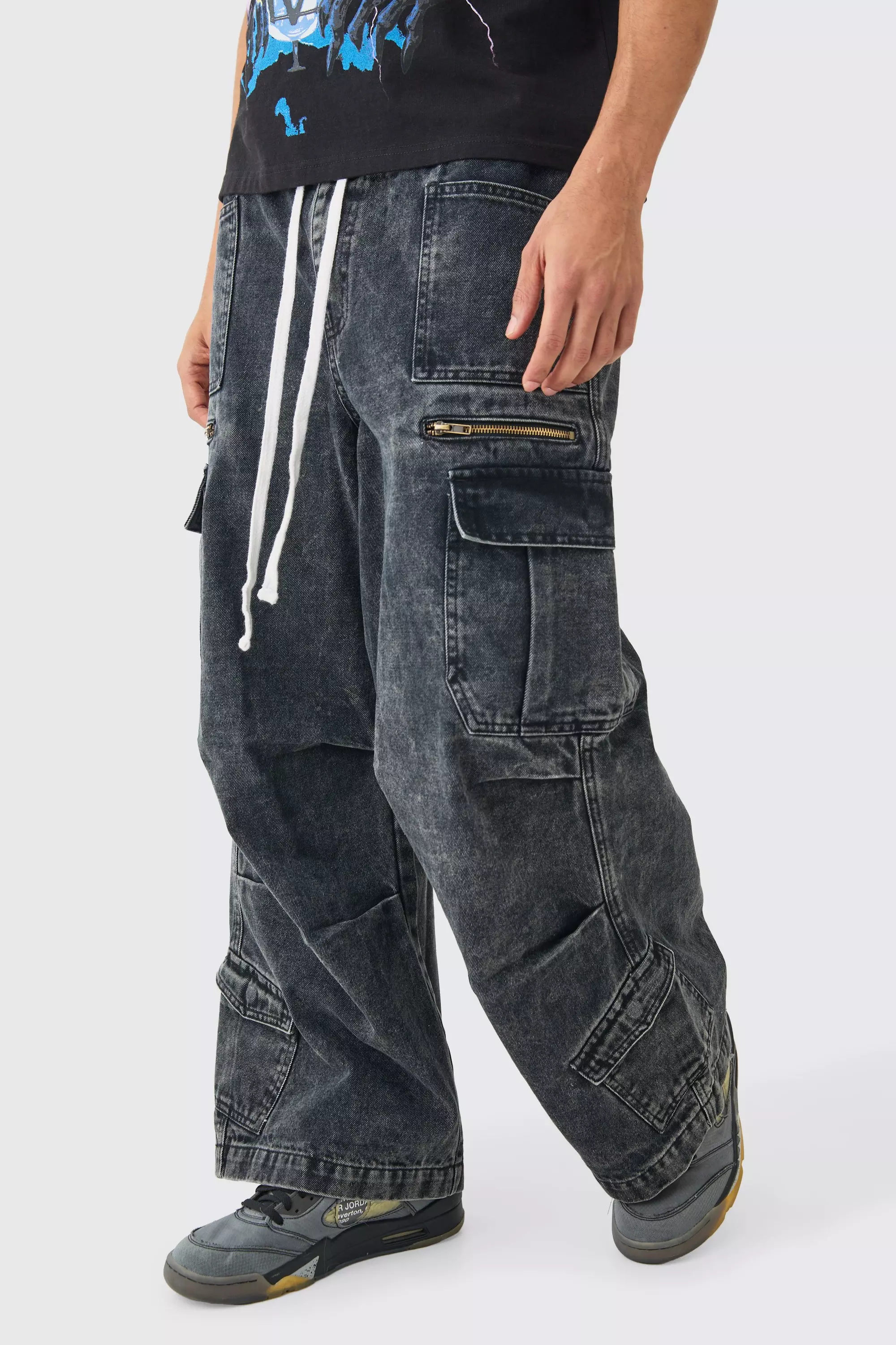 Jean cargo délavé à taille élastiquée, Black autre image