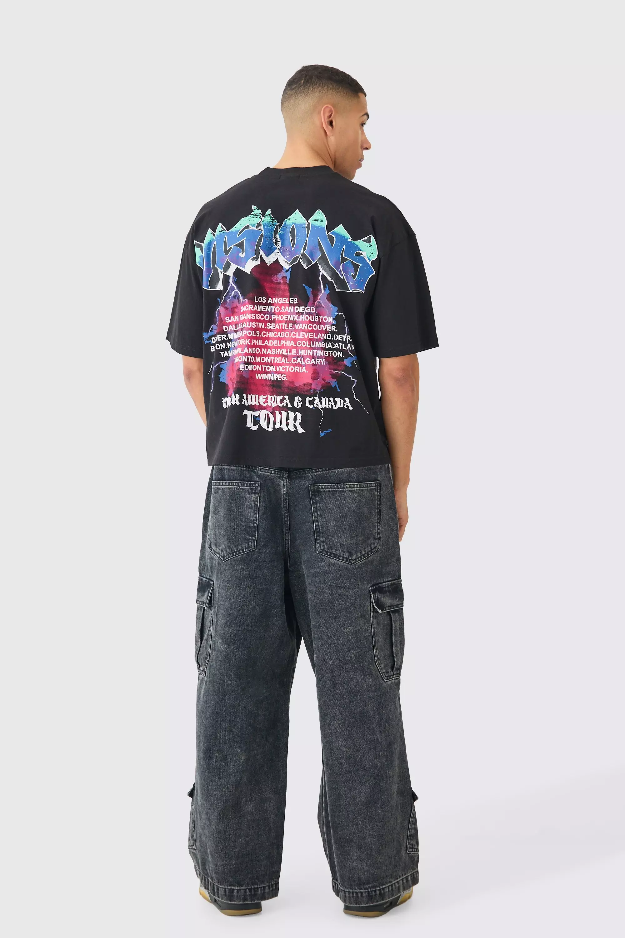 Jean cargo délavé à taille élastiquée, Black autre image