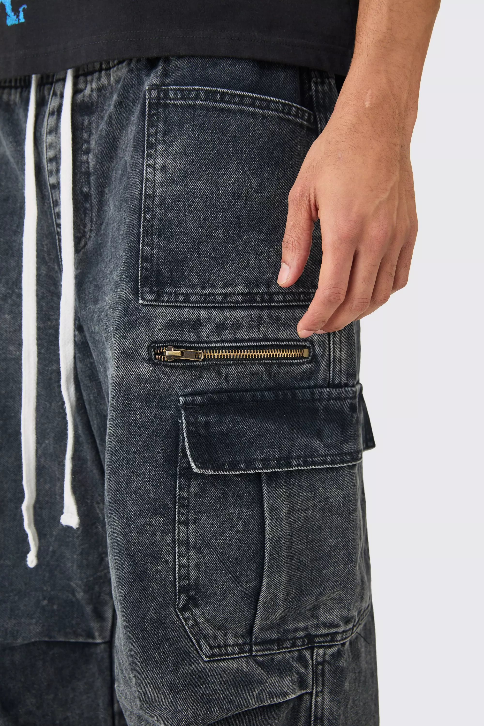 Jean cargo délavé à taille élastiquée, Black autre image