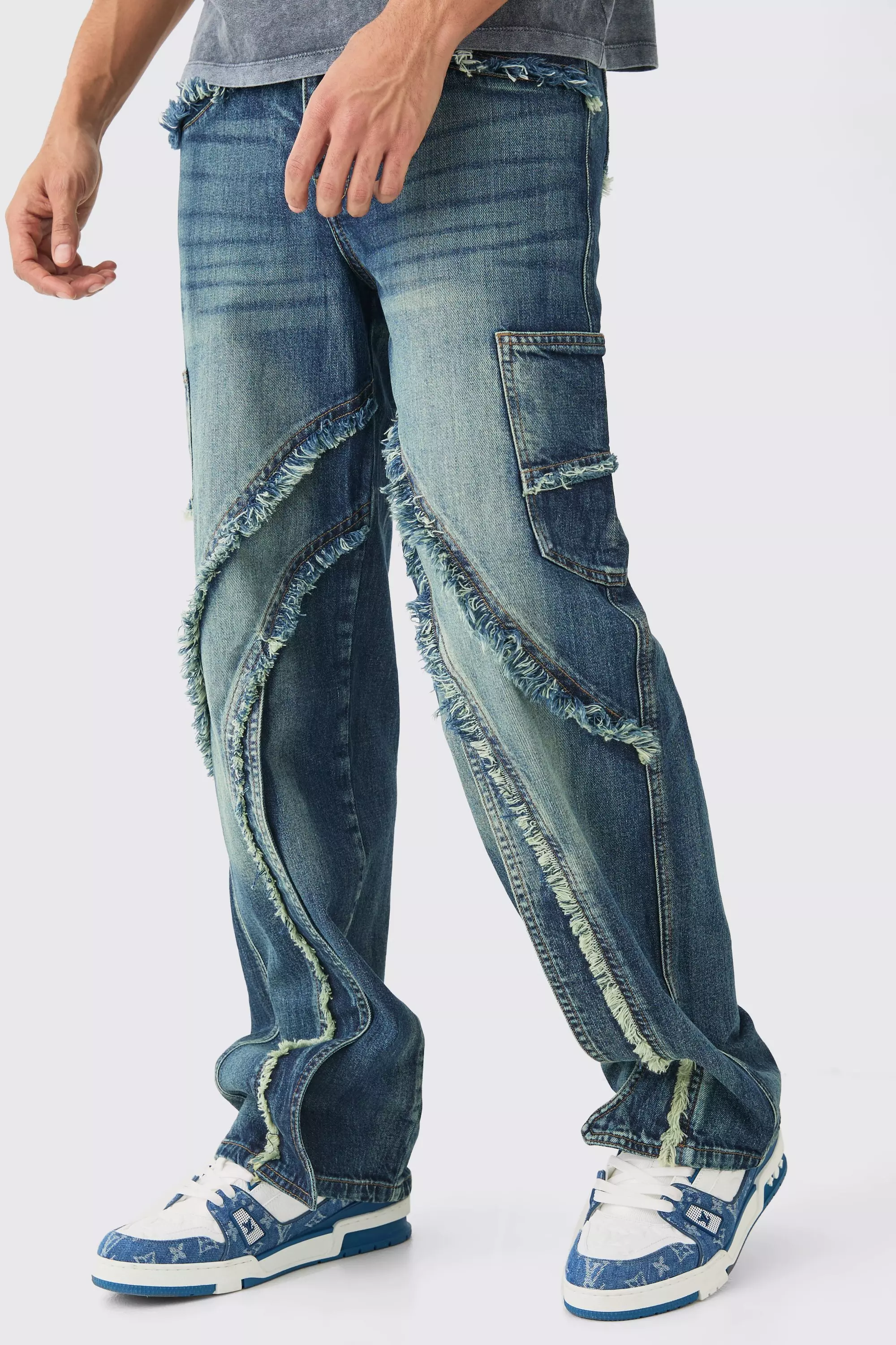 Baggy Distressed Panelled Cargo Jeans In Mid Blue Mid blue
