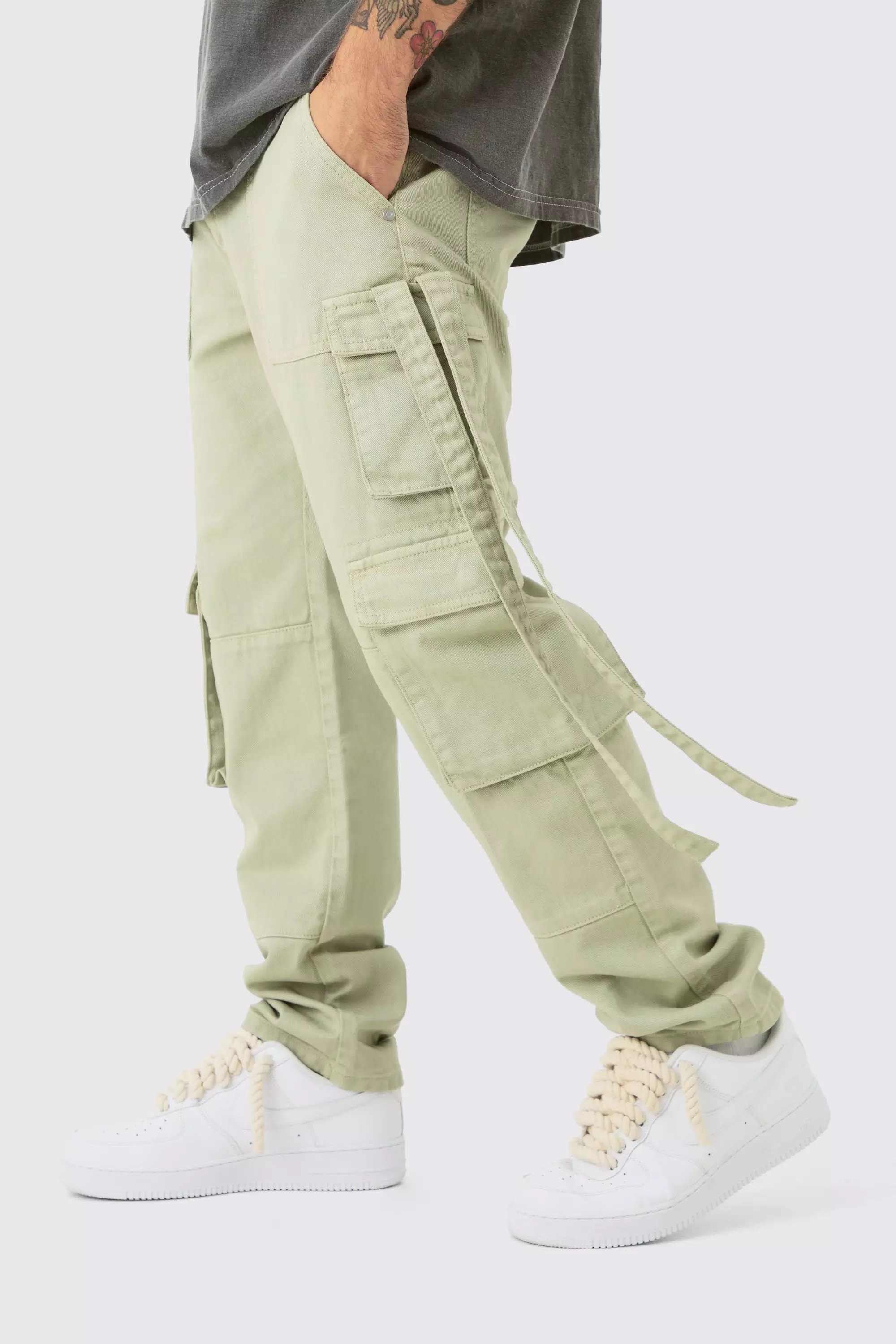 Khaki Straight Rigid Multi Pocket Overdye Cargo Jean In Khaki