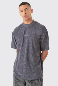 Charcoal Grey Oversized Extended Neck Towelling Man Signature T-shirt