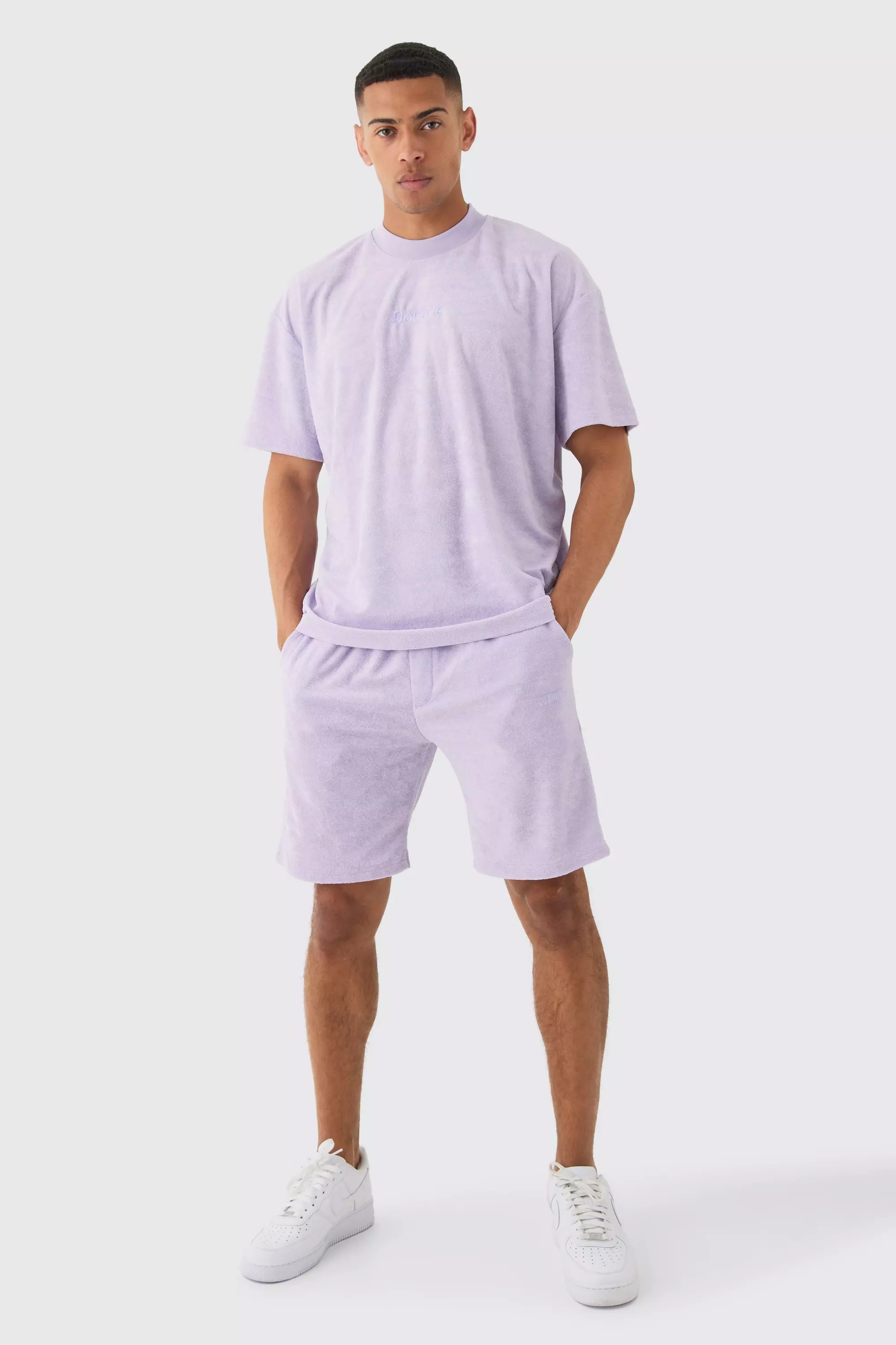Oversized Extended Neck Towelling Homme T-shirt & Shorts Lilac