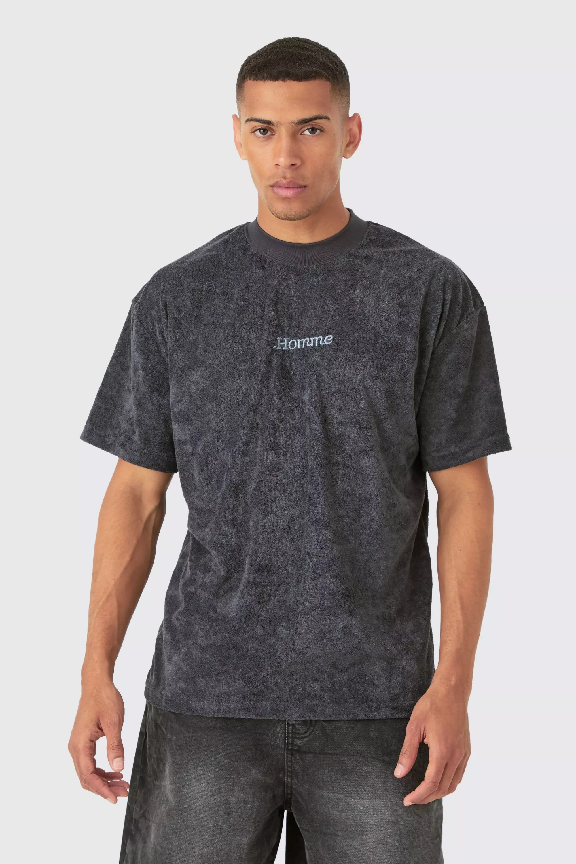 Oversized Extended Neck Towelling Homme T-shirt Charcoal