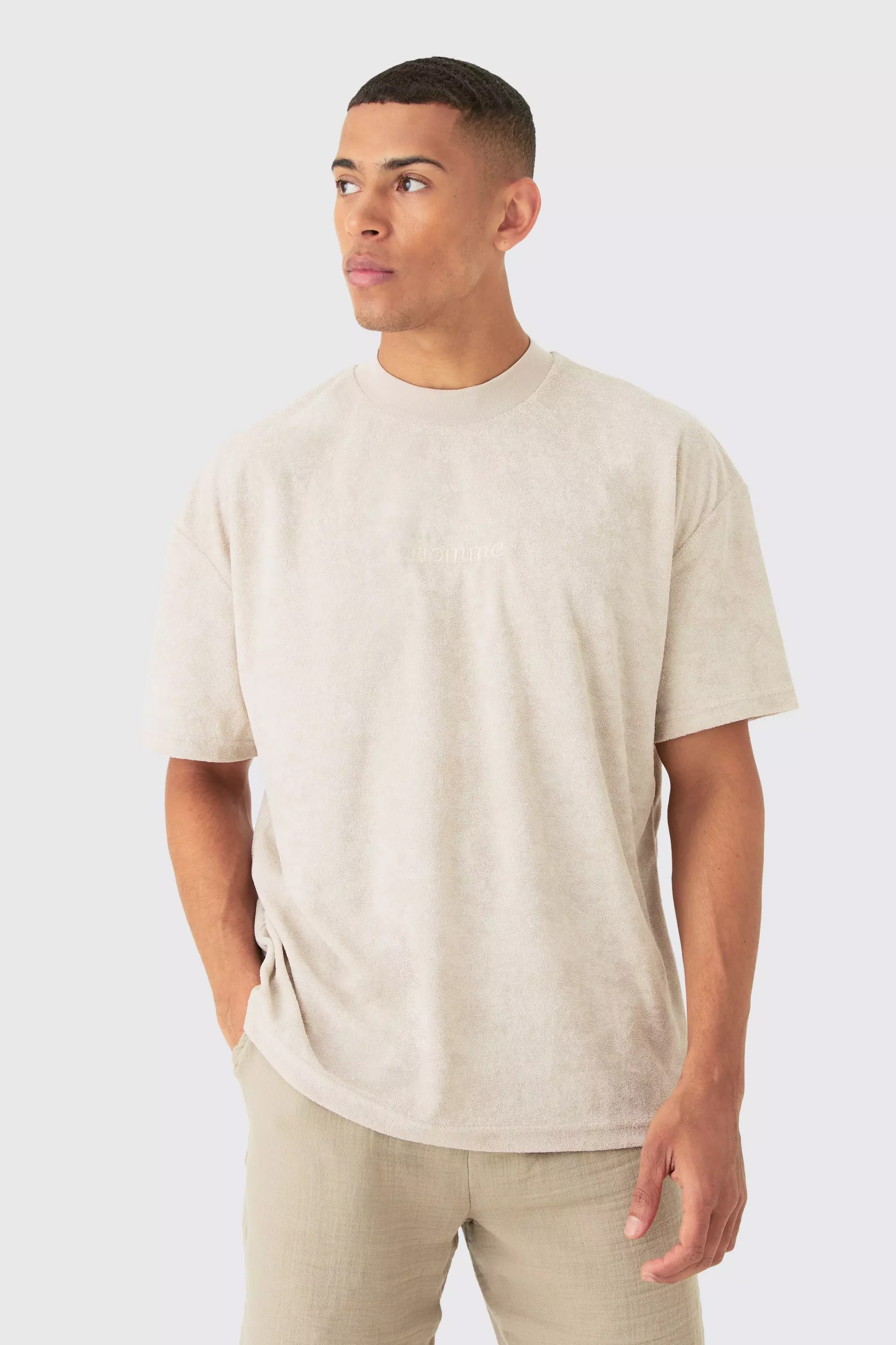 Oversized Extended Neck Towelling Homme T-shirt Stone