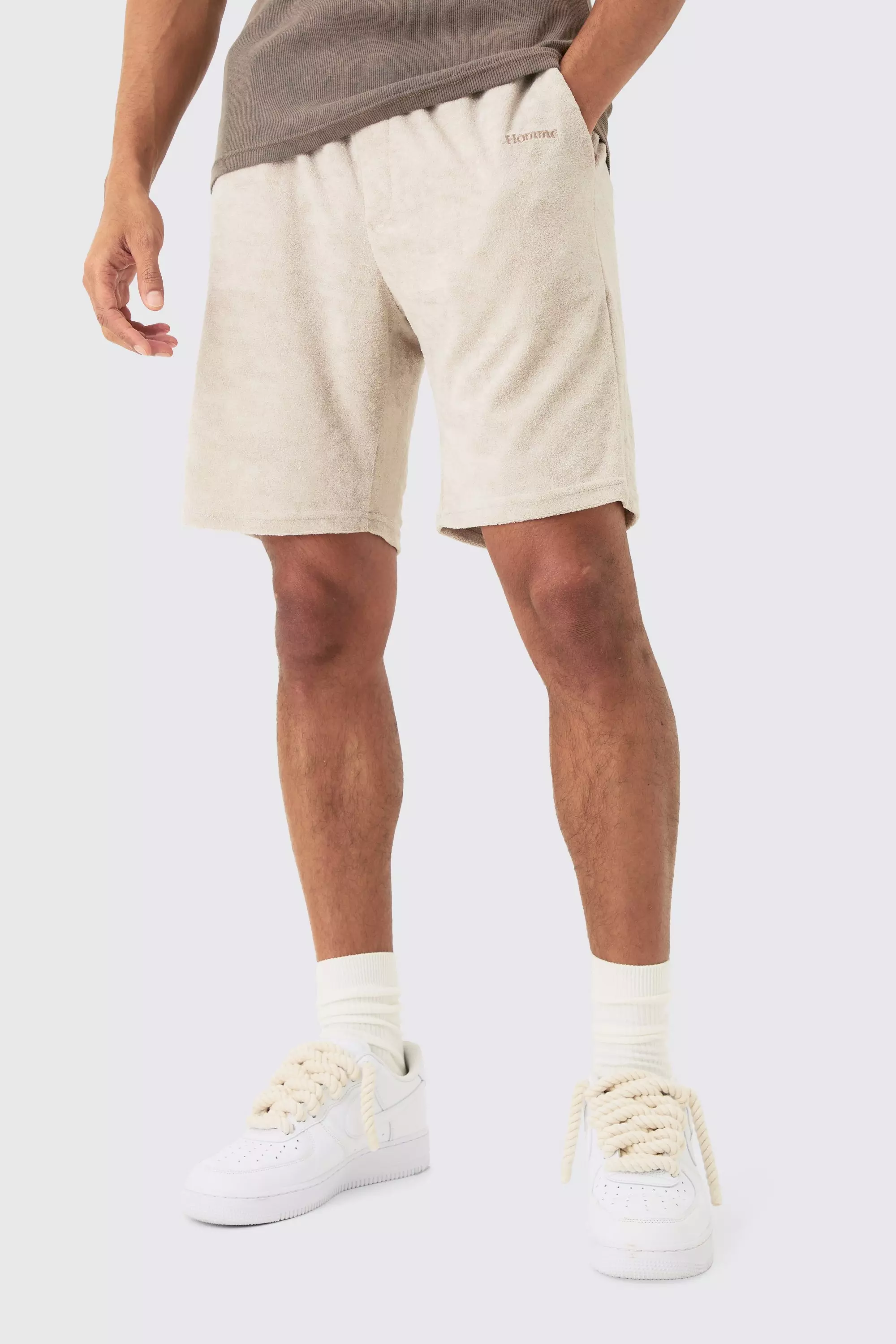 Stone Beige Loose Fit Mid Towelling Homme Shorts