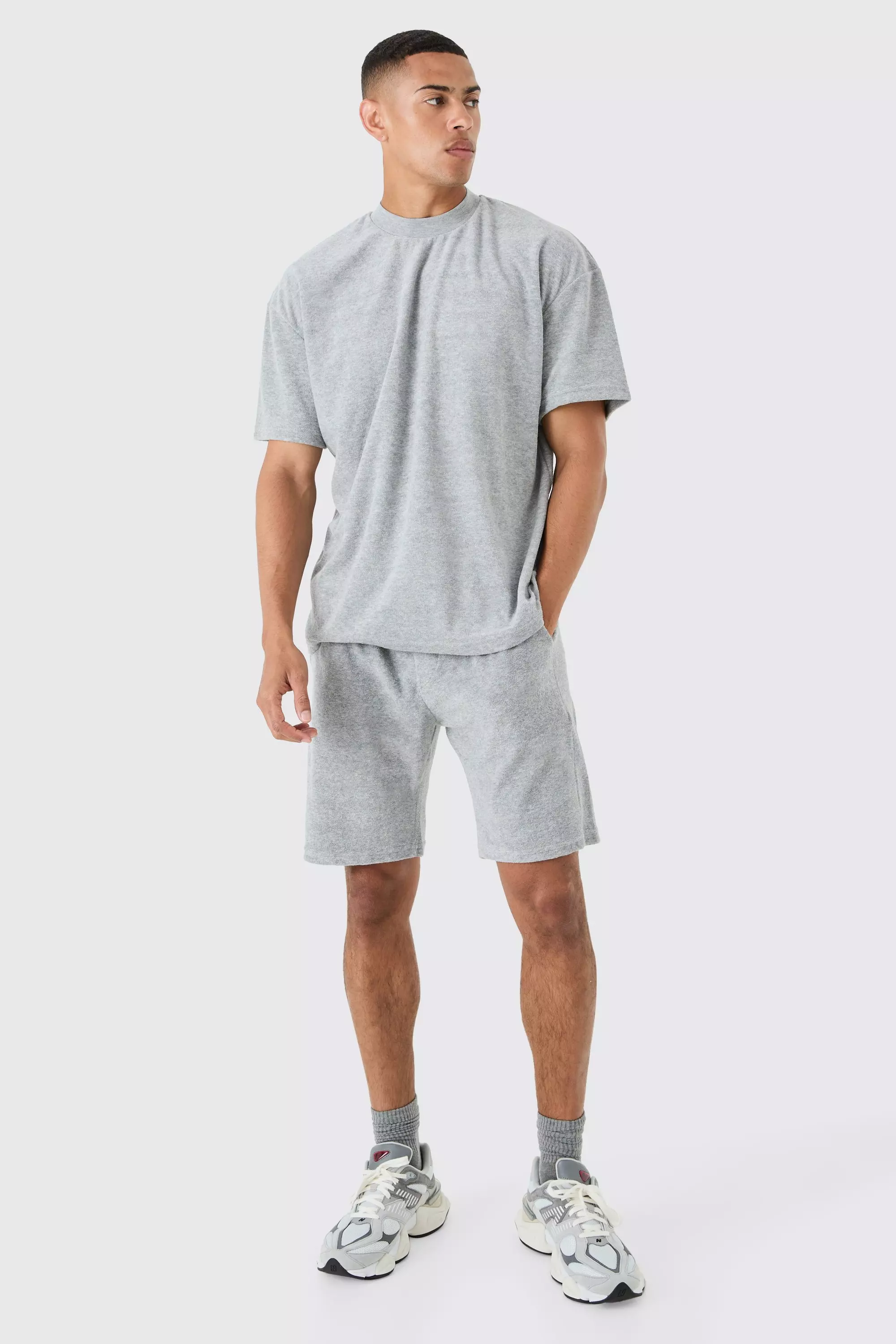 Oversized Extended Neck Towelling T-shirt & Short Set Grey marl