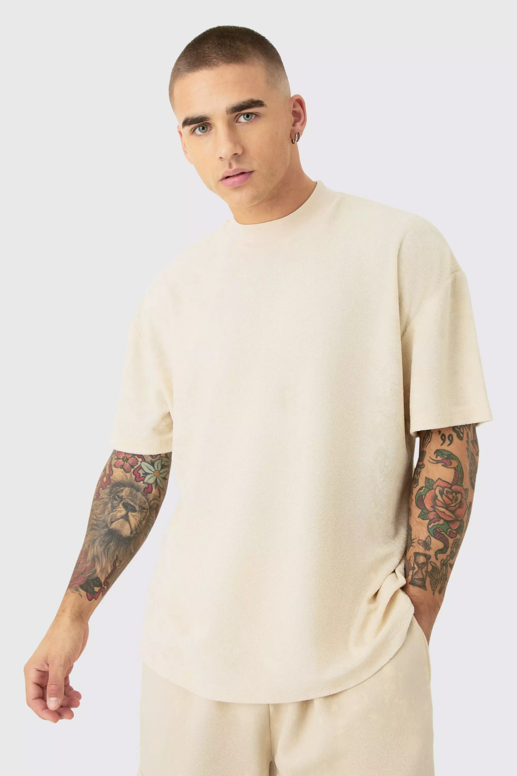 Oversized Extended Neck Towelling T-shirt Beige