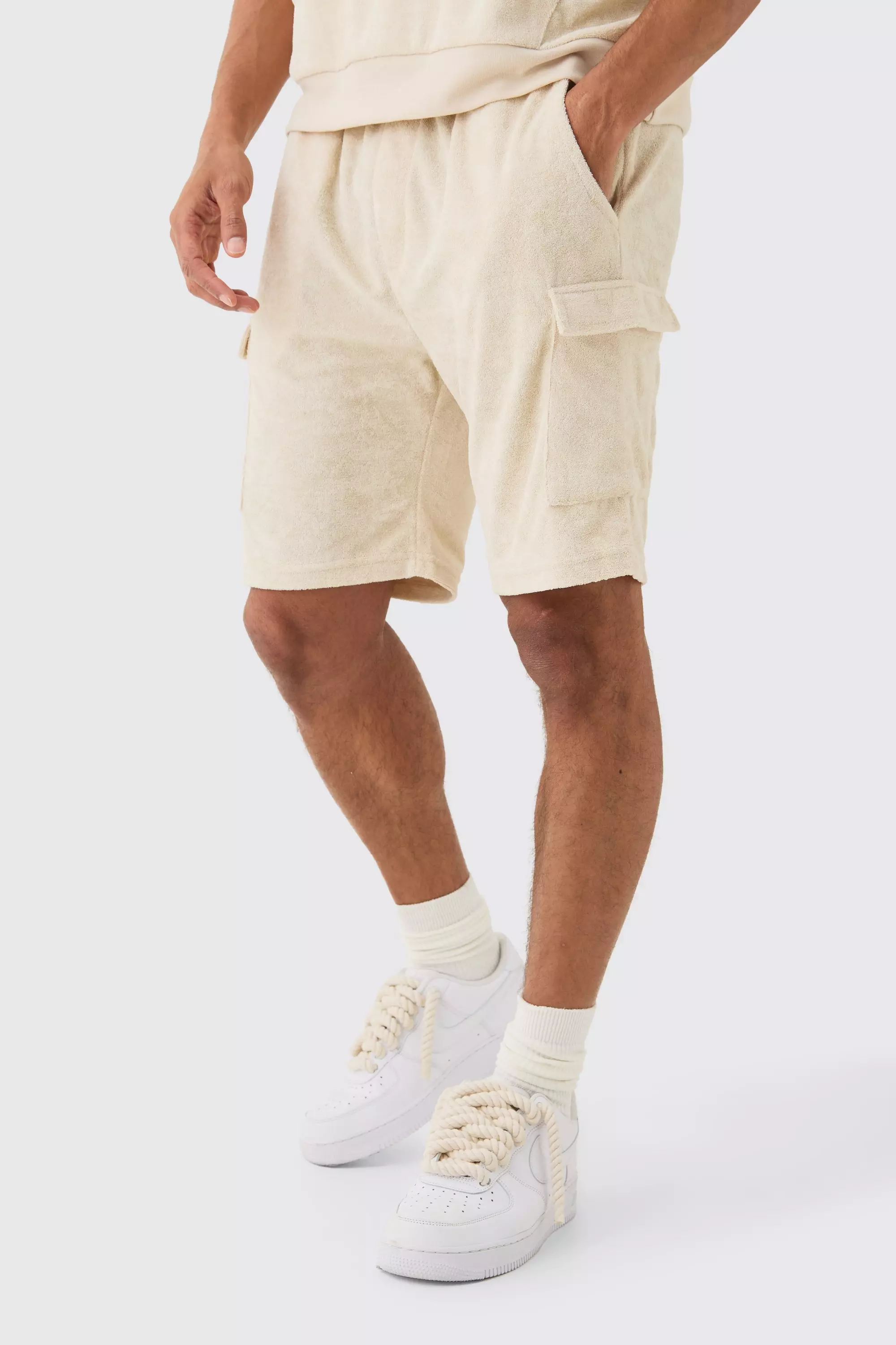 Loose Fit Mid Towelling Cargo Shorts Beige