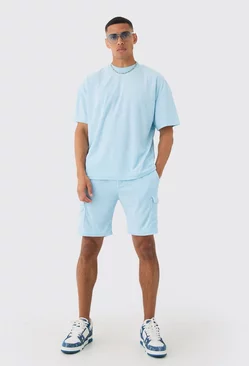 Blue Oversized Extended Neck Towelling T-shirt & Cargo Shorts