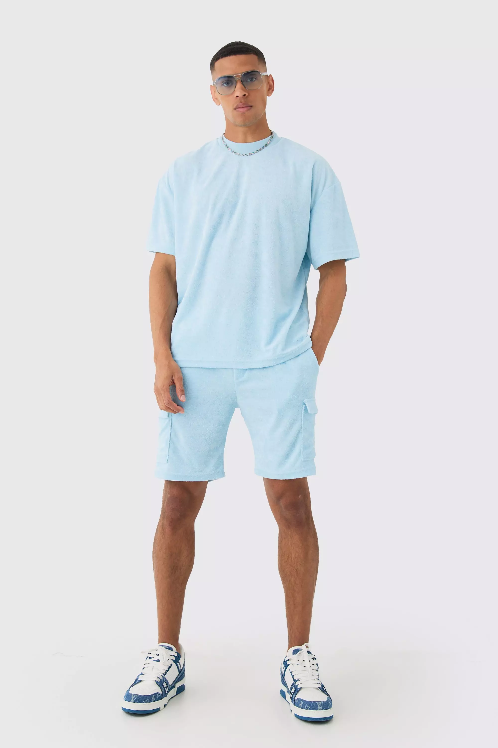Oversized Extended Neck Towelling T-shirt & Cargo Shorts Light blue