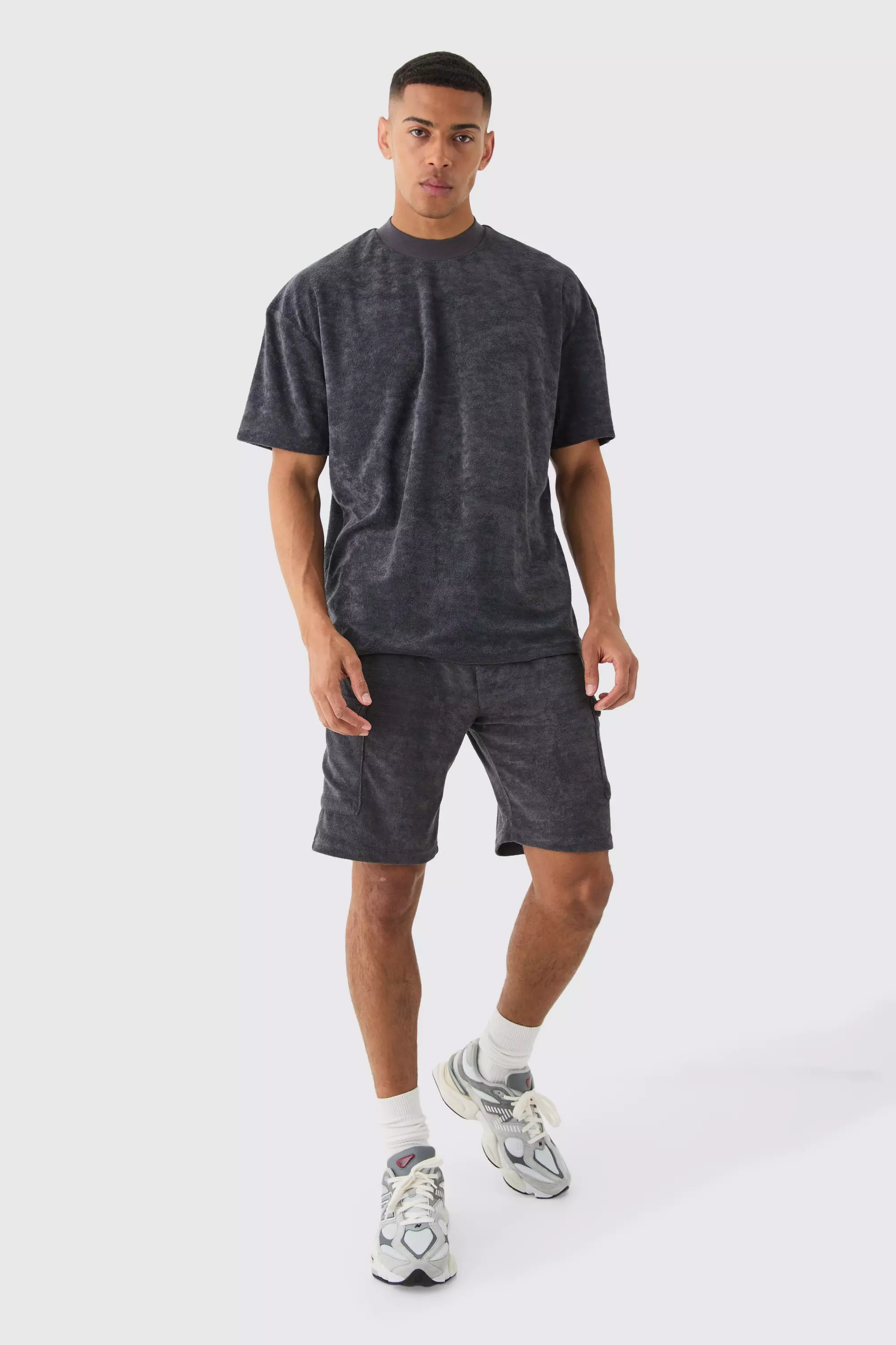 Oversized Extended Neck Towelling T-shirt & Cargo Shorts Charcoal