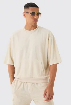 Short Sleeve Oversized Boxy Towelling Sweatshirt Beige