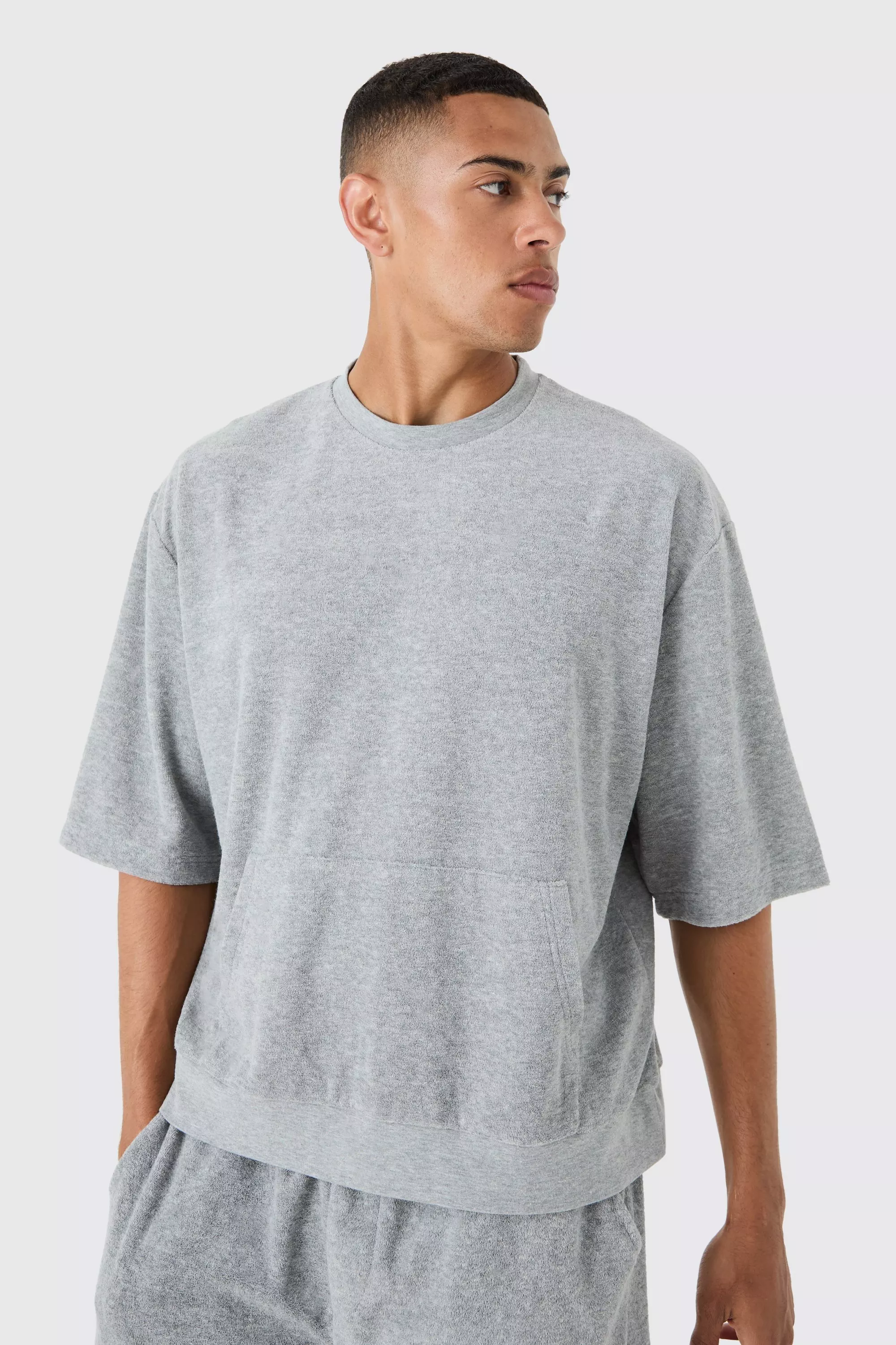 Short Sleeve Oversized Boxy Towelling Sweatshirt Grey marl