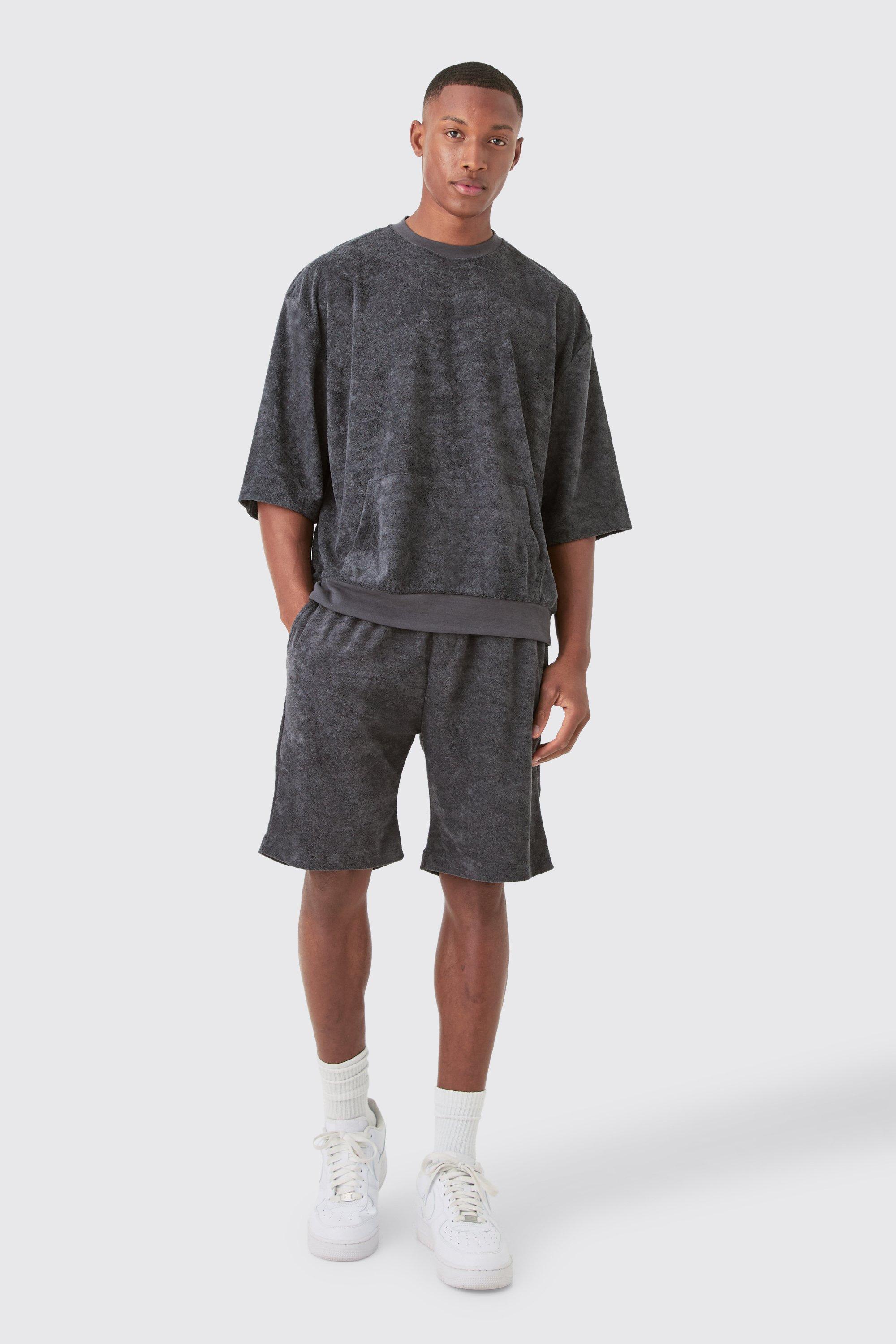 Short Sleeve Oversized Boxy Towelling Sweat Short Tracksuit boohooMAN UK