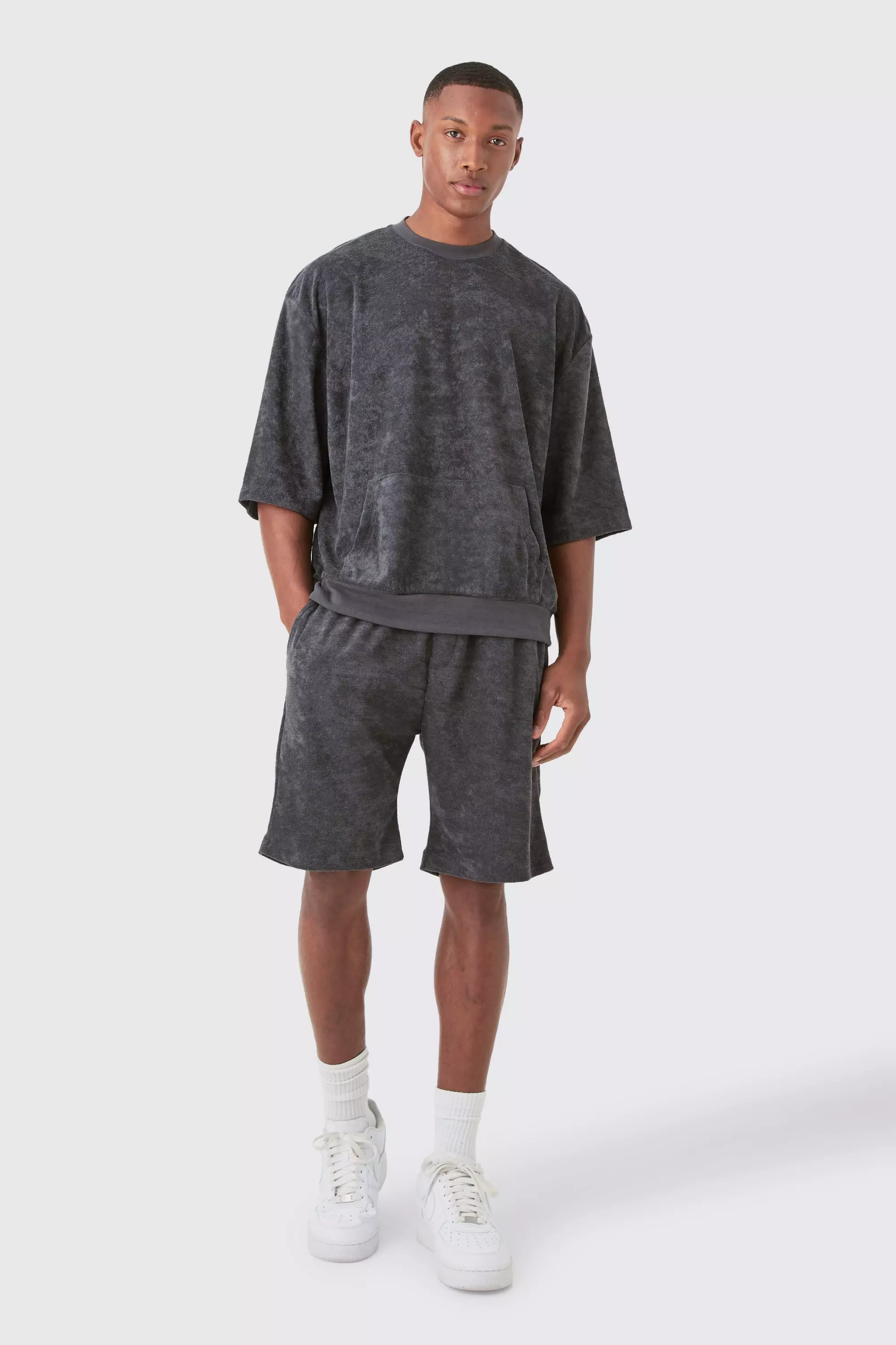 Charcoal Grey Short Sleeve Oversized Boxy Towelling Sweat Short Tracksuit