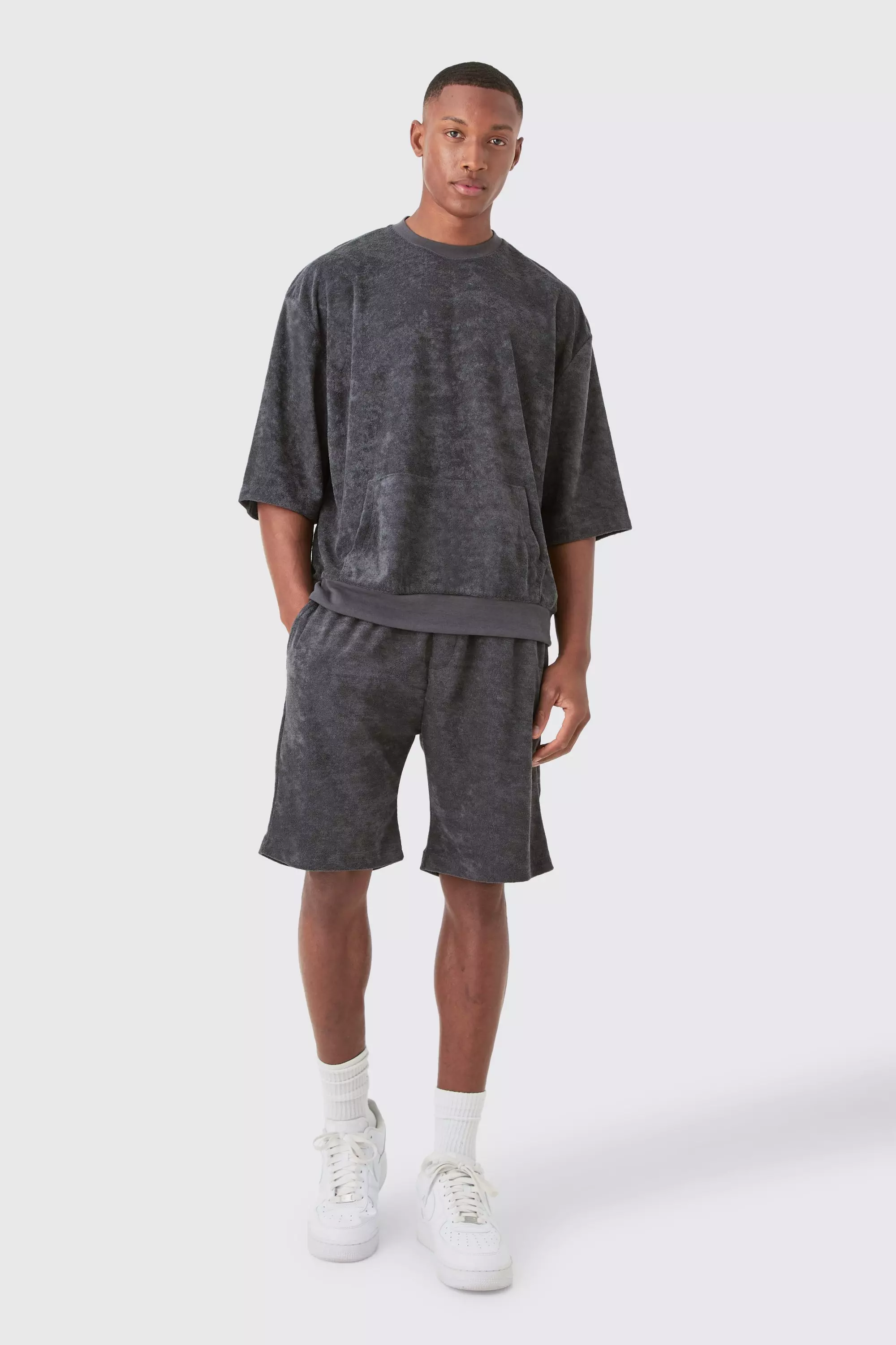 Short Sleeve Oversized Boxy Towelling Sweat Short Tracksuit Charcoal